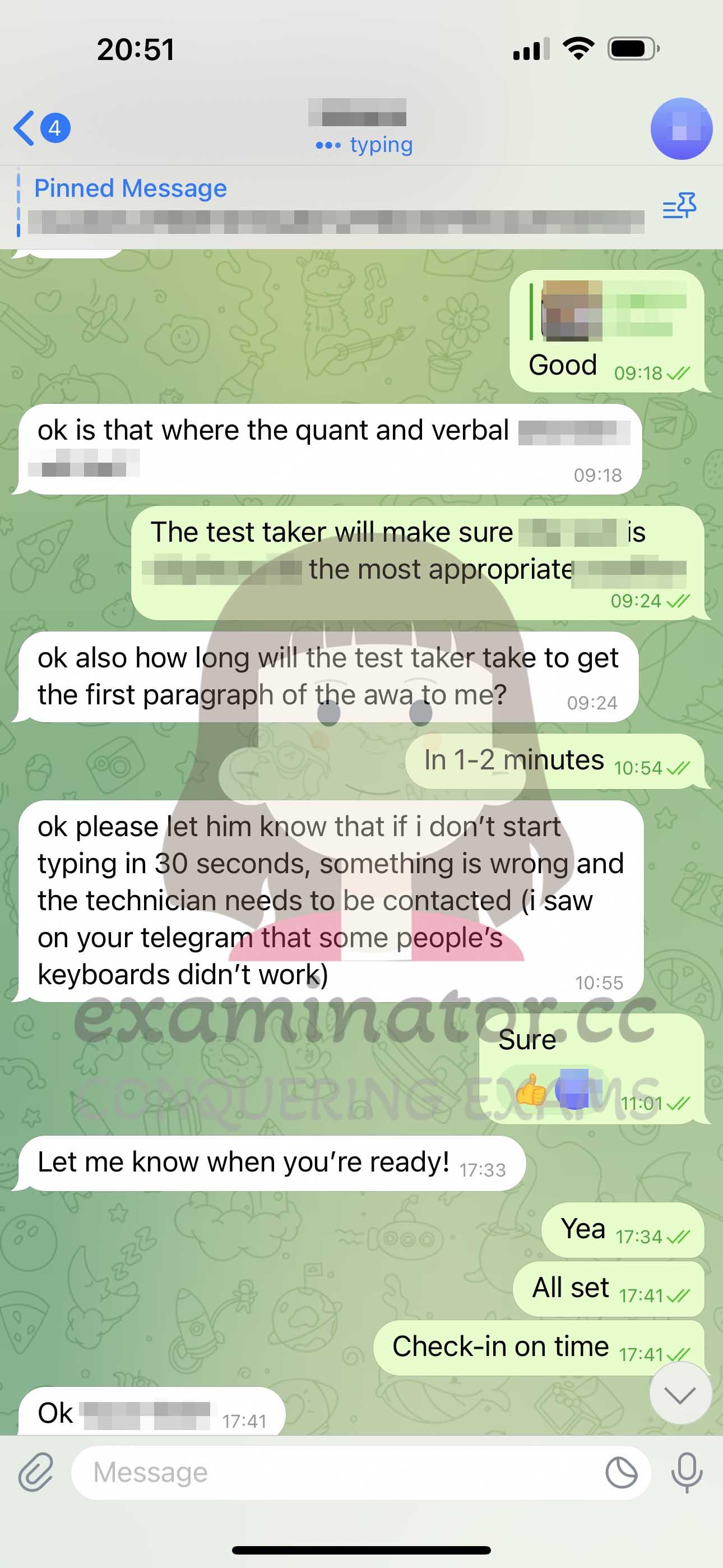 screenshot of chat logs for GRE Cheating success story #611