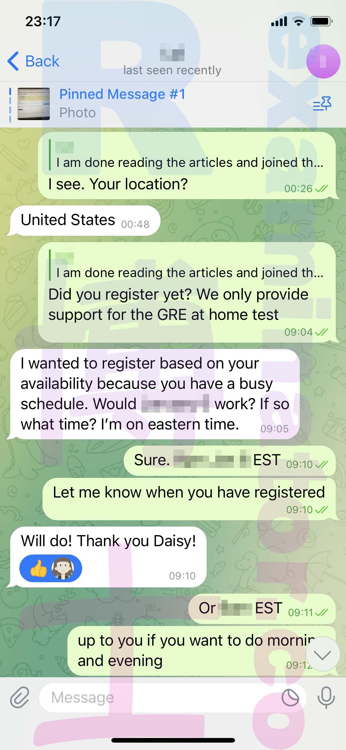 screenshot of chat logs for [GRE Proxy Testing] success story #336
