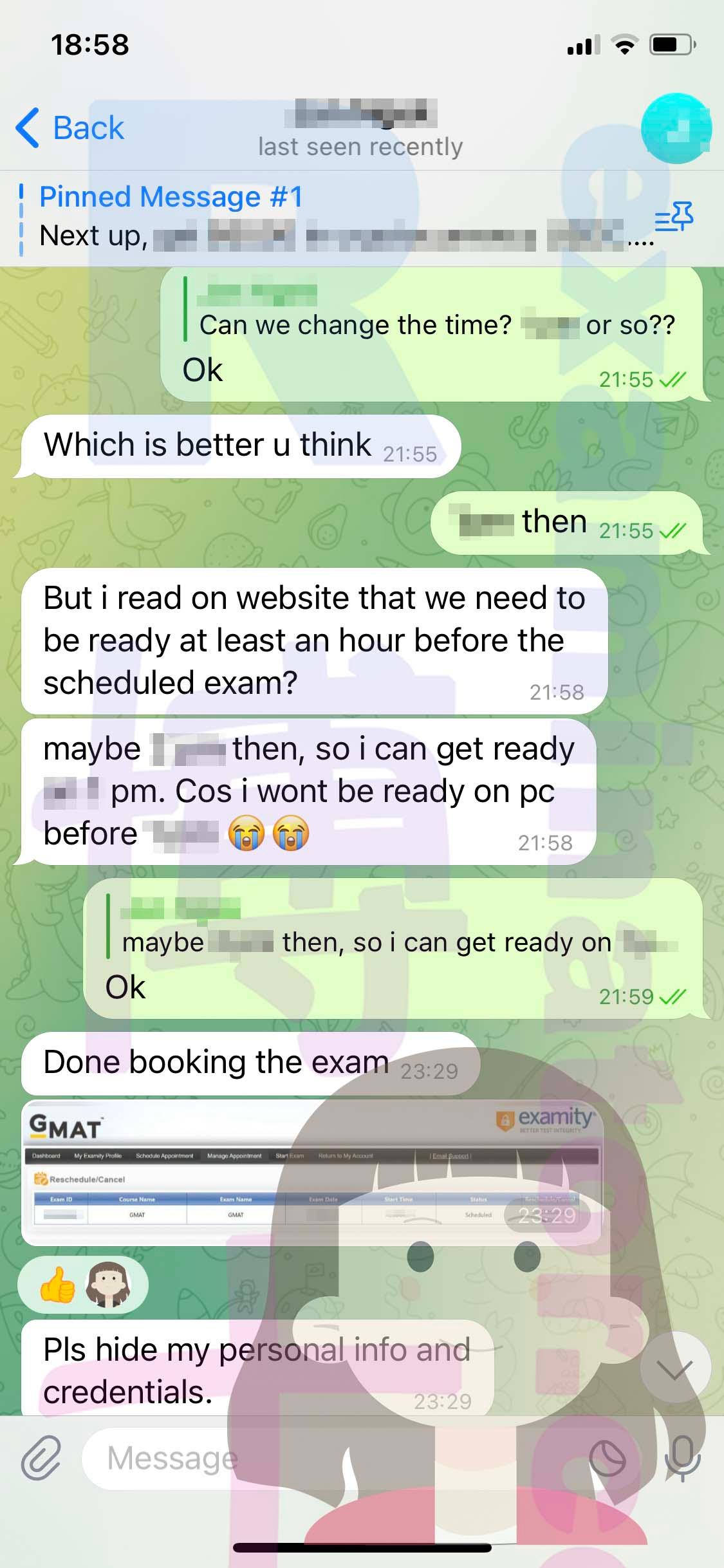 screenshot of chat logs for [GMAT Cheating] success story #322