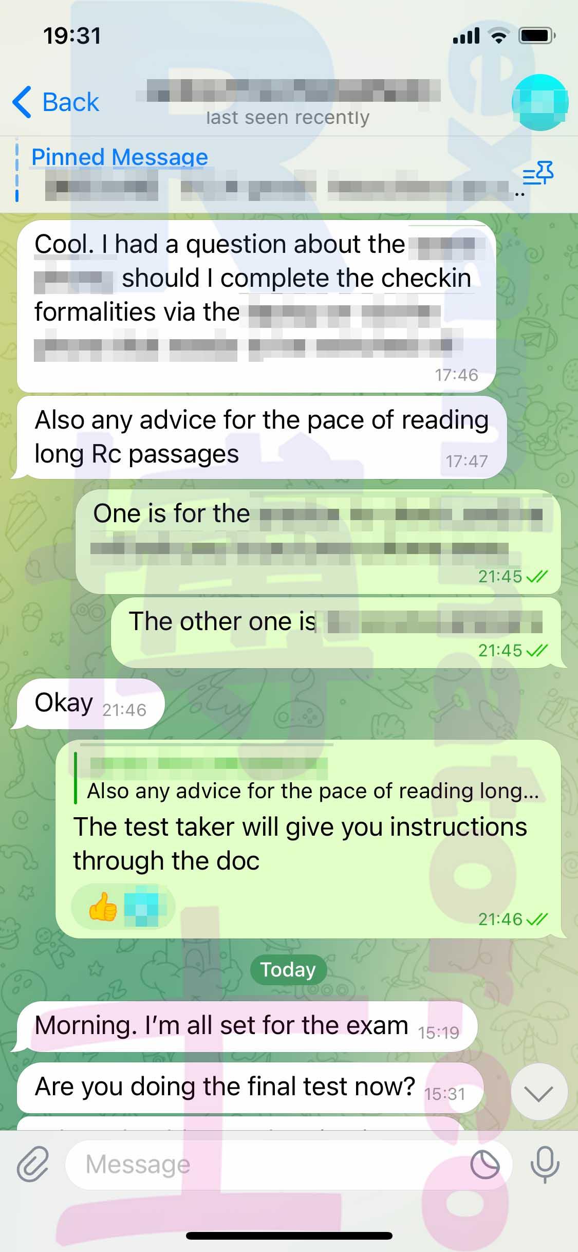 screenshot of chat logs for GMAT Cheating success story #487