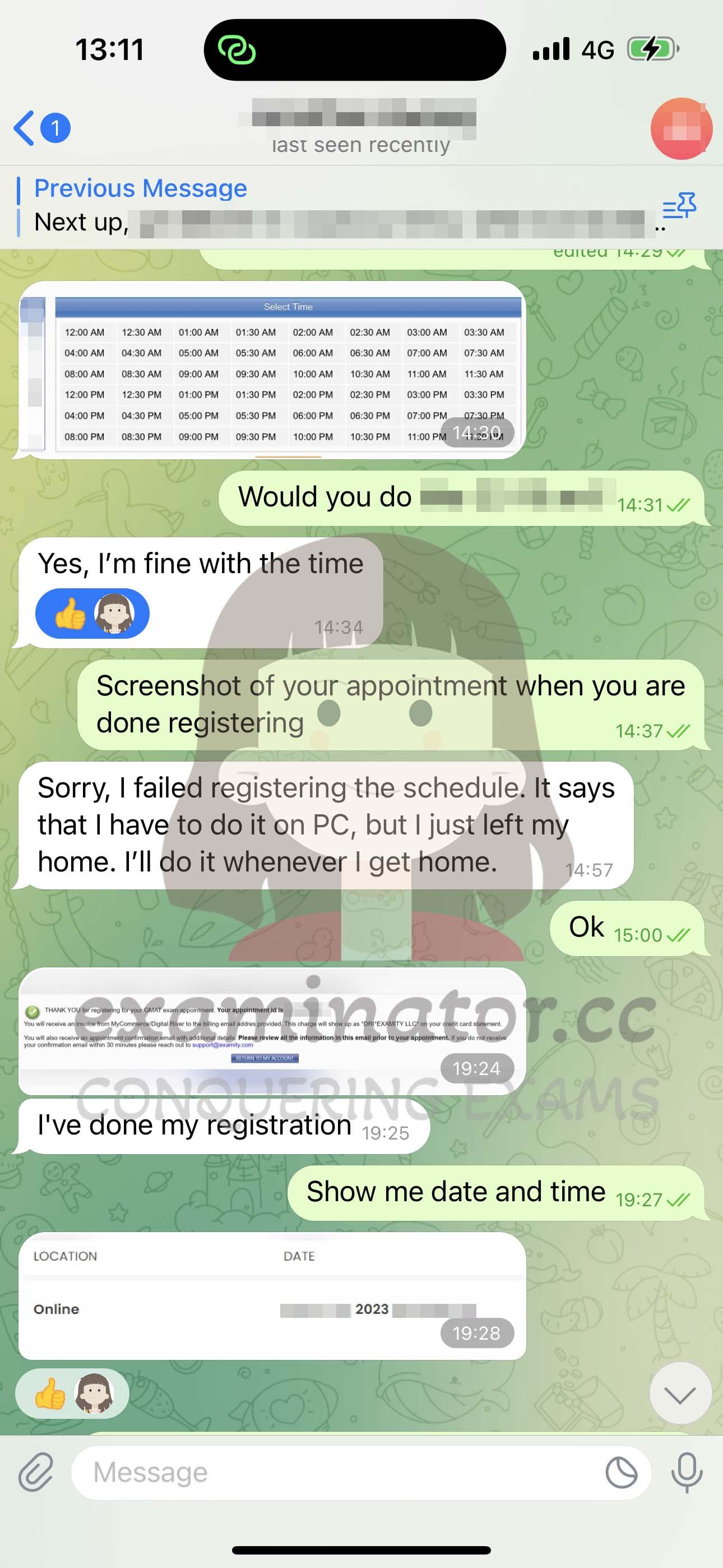 screenshot of chat logs for [GMAT Cheating] success story #370