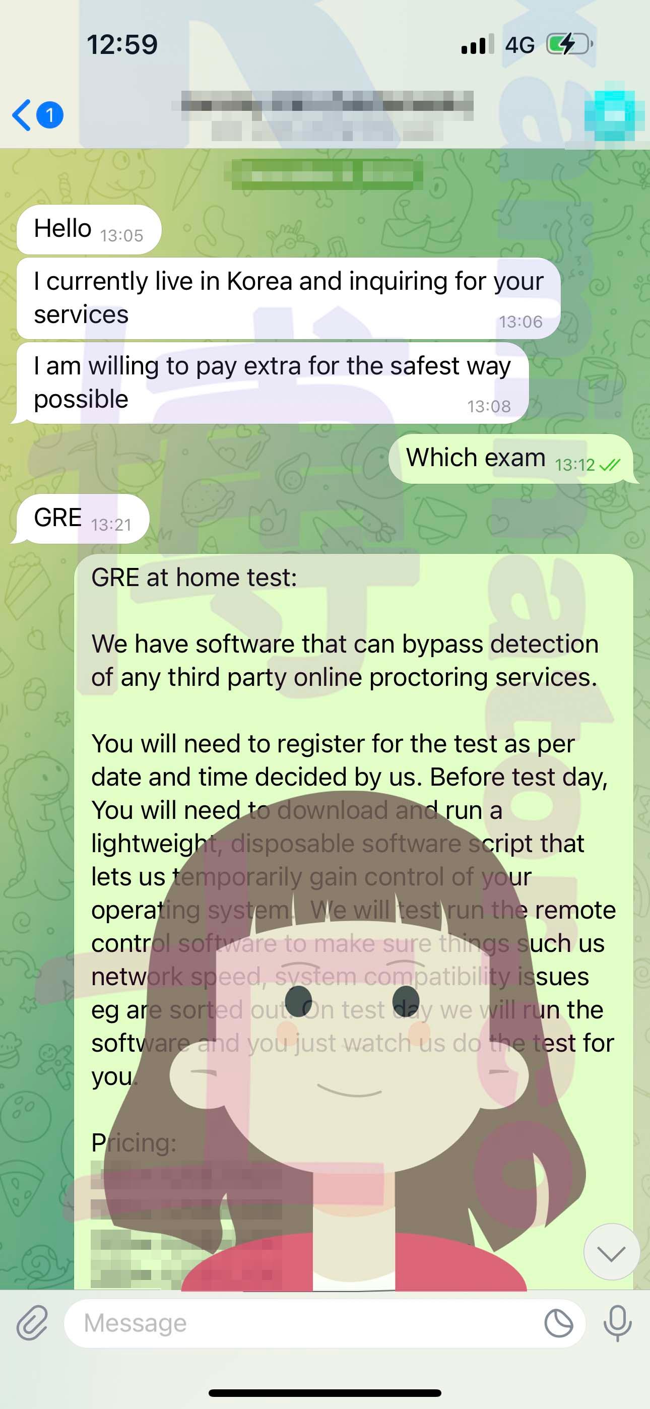 screenshot of chat logs for [GRE Proxy Testing] success story #325