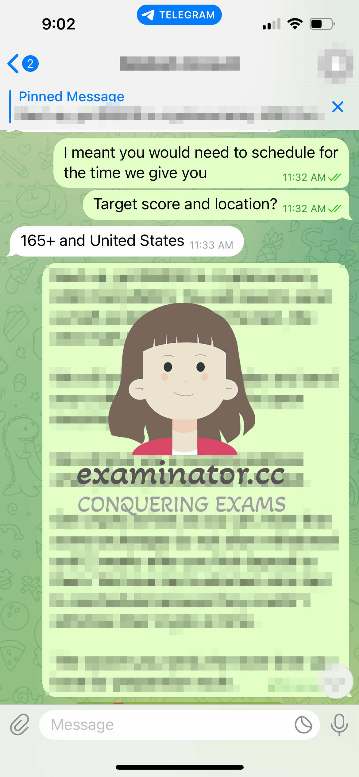 screenshot of chat logs for LSAT Cheating success story #571
