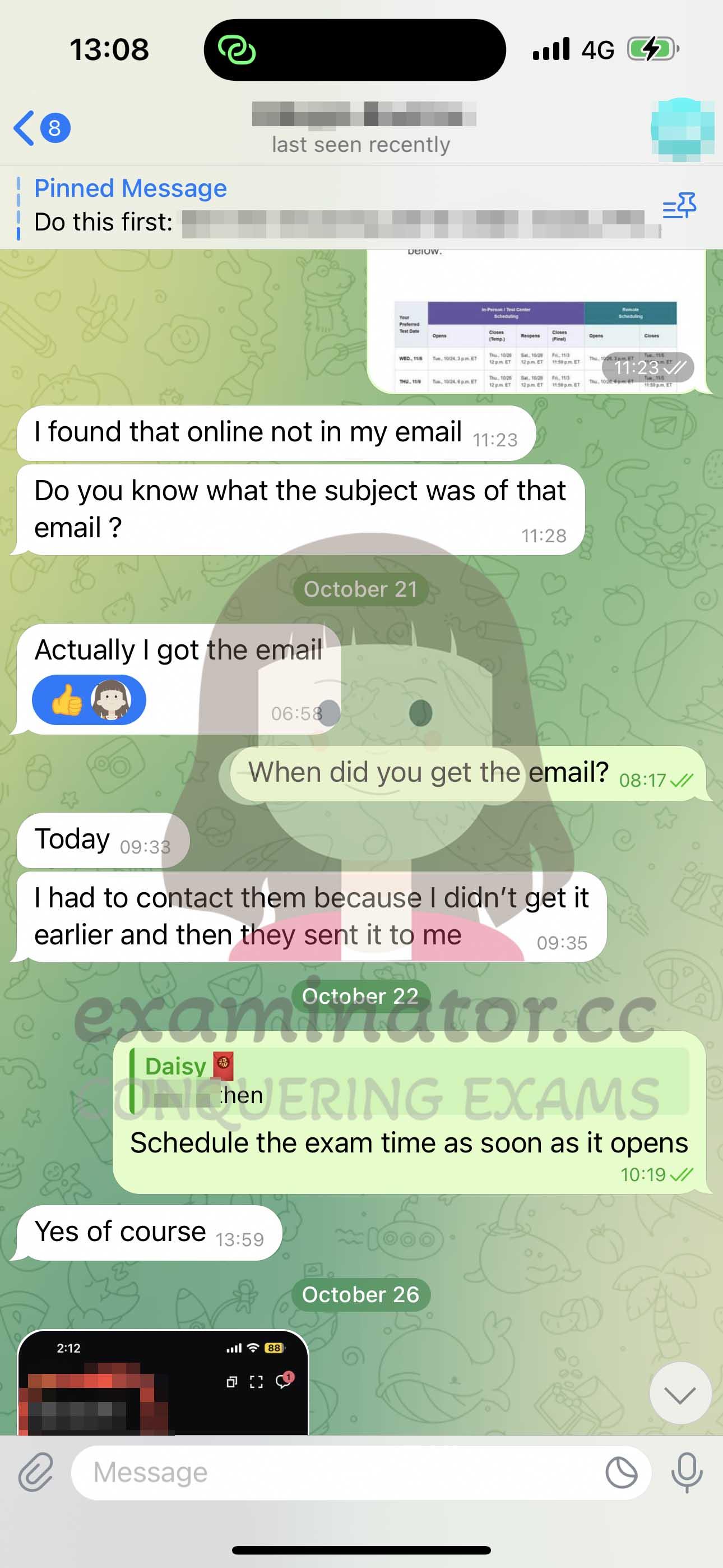 screenshot of chat logs for LSAT Cheating success story #599