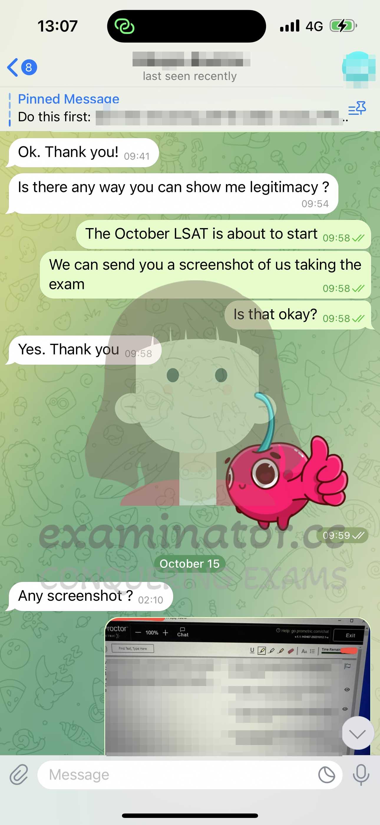 screenshot of chat logs for LSAT Cheating success story #599