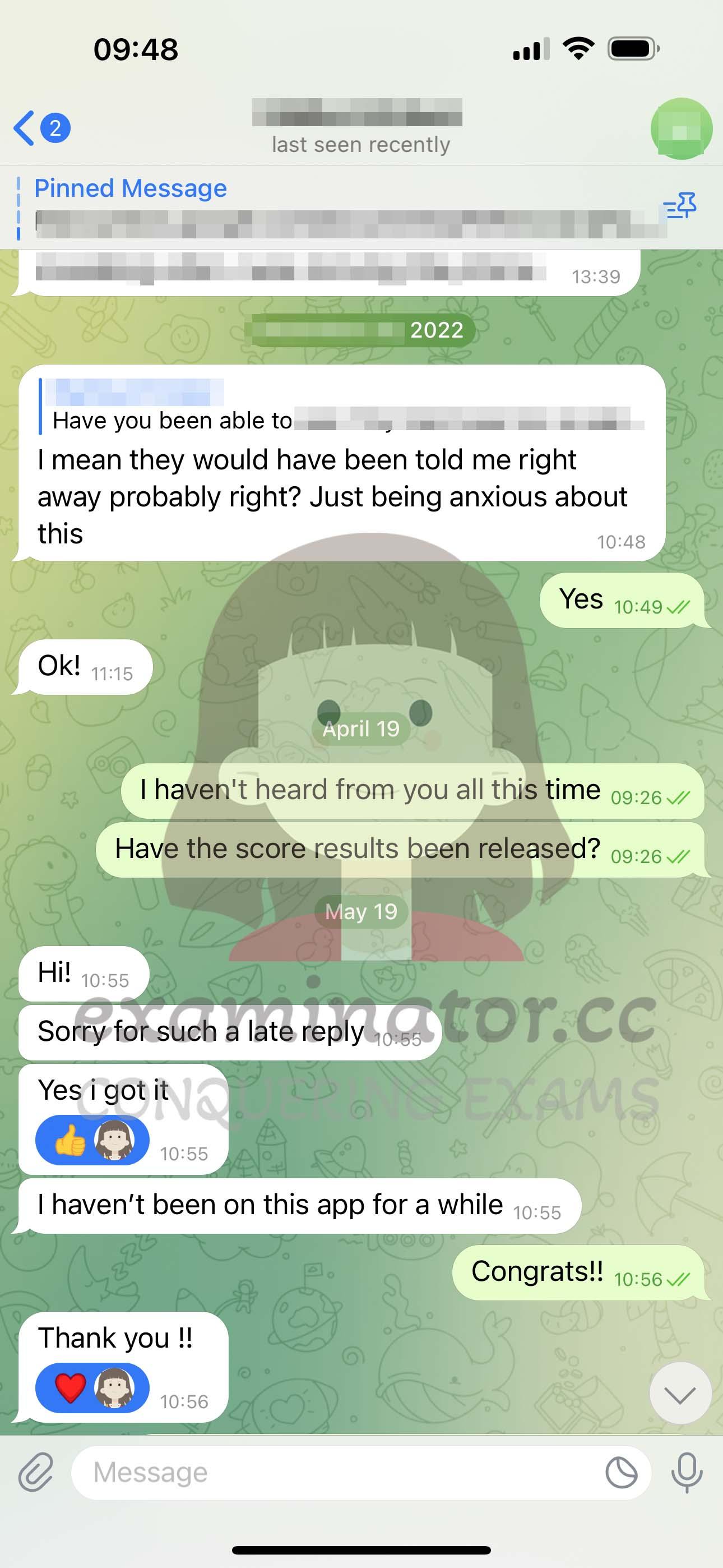 screenshot of chat logs for GRE Cheating success story #567