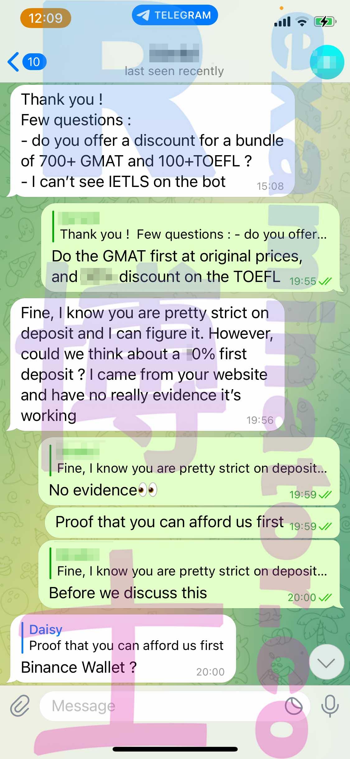 screenshot of chat logs for [TOEFL Cheating] success story #261