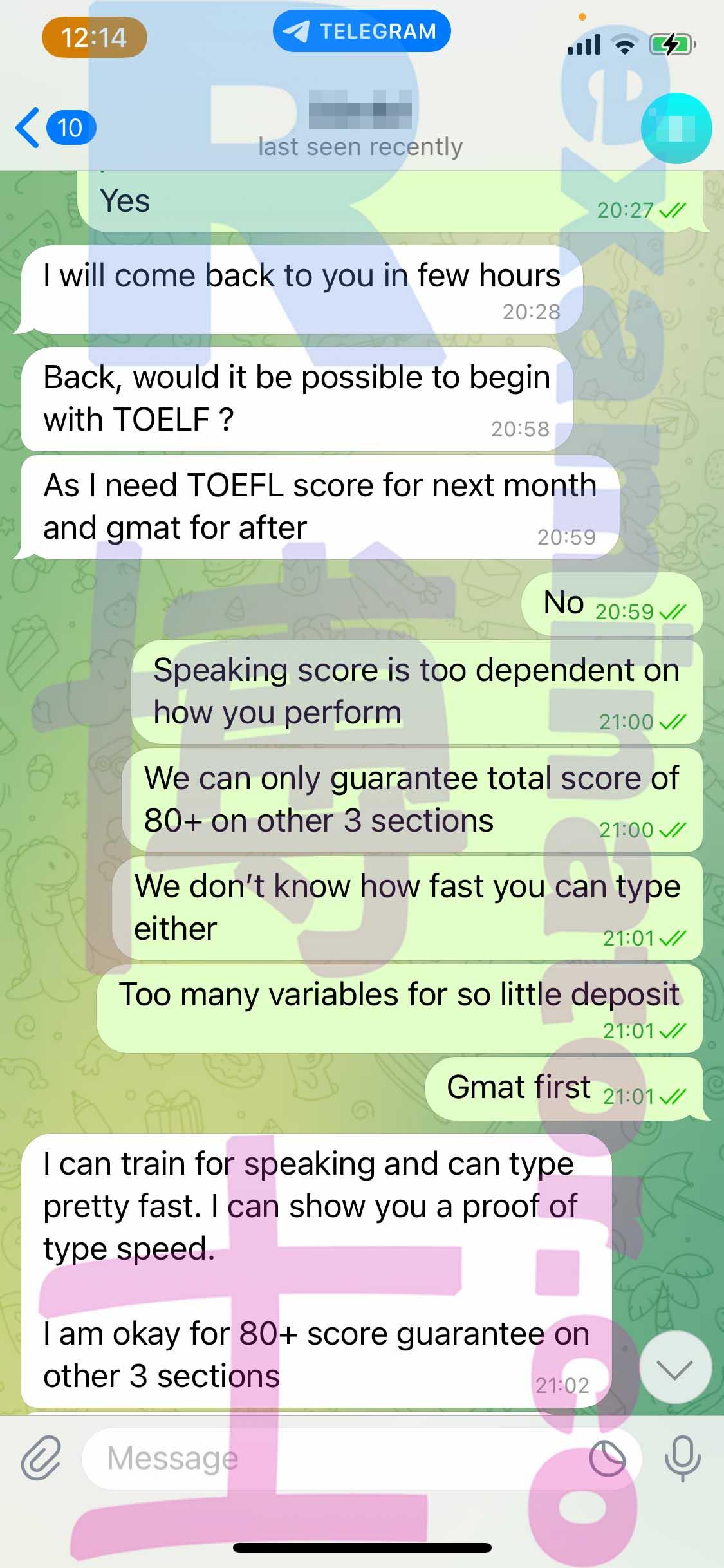 screenshot of chat logs for [TOEFL Proxy Testing] success story #261