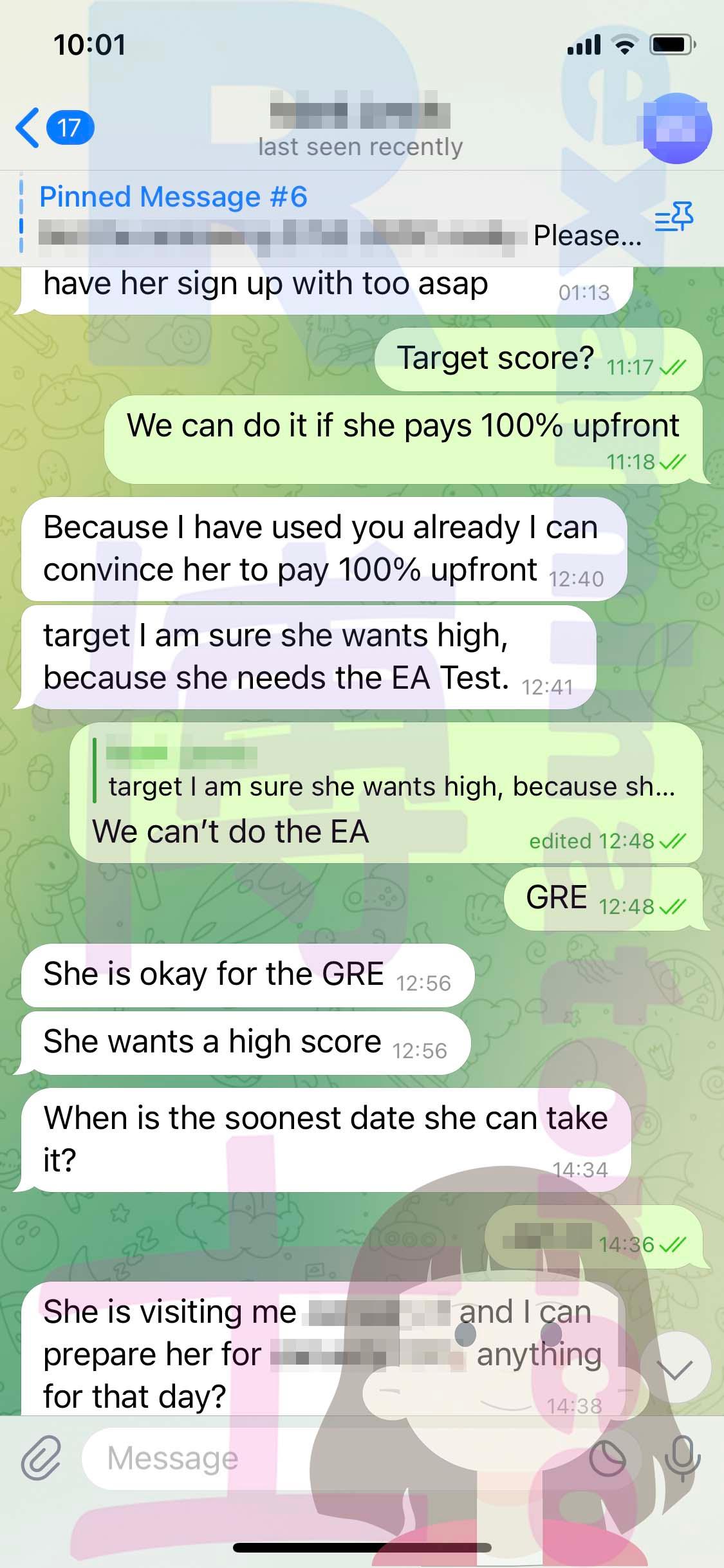 screenshot of chat logs for GRE Cheating success story #519