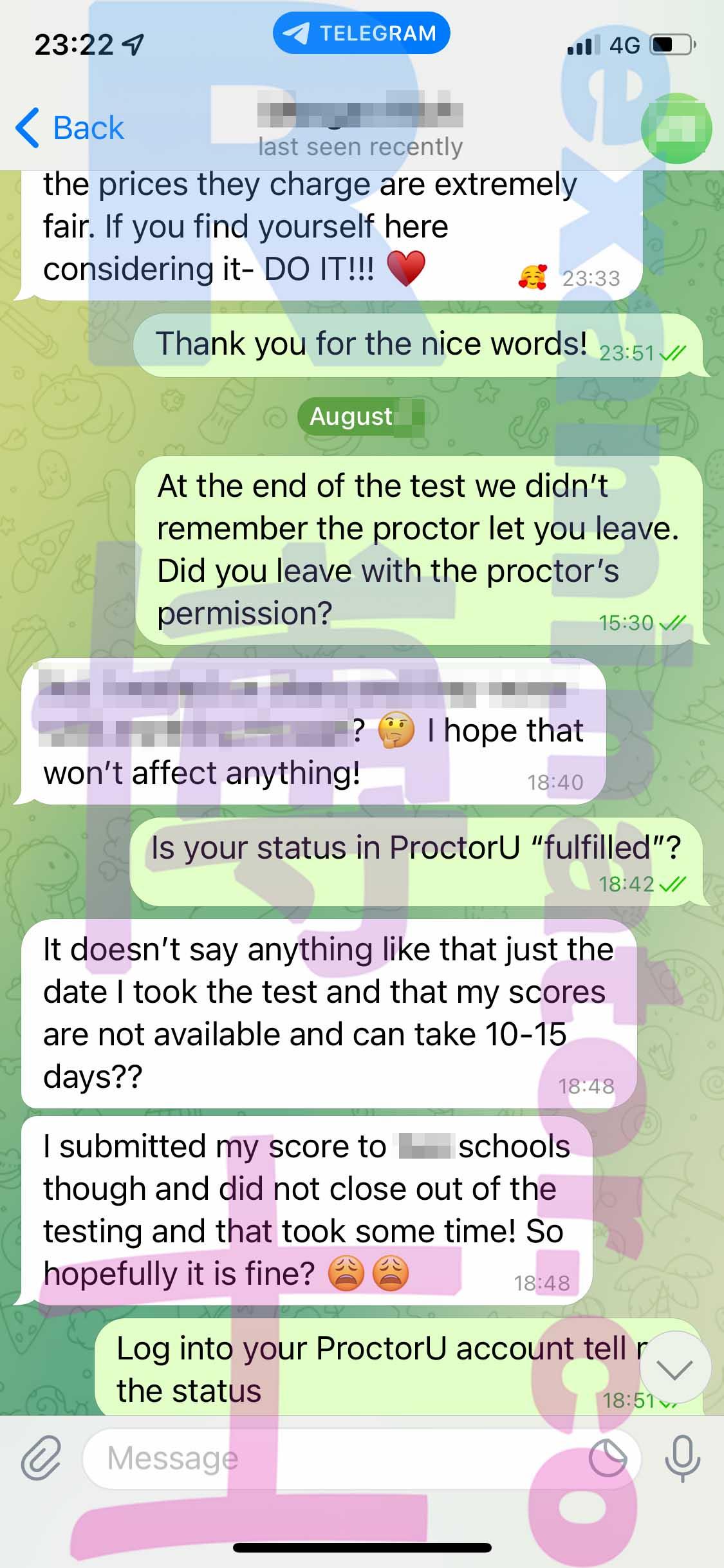 screenshot of chat logs for GRE Proxy Testing success story #364