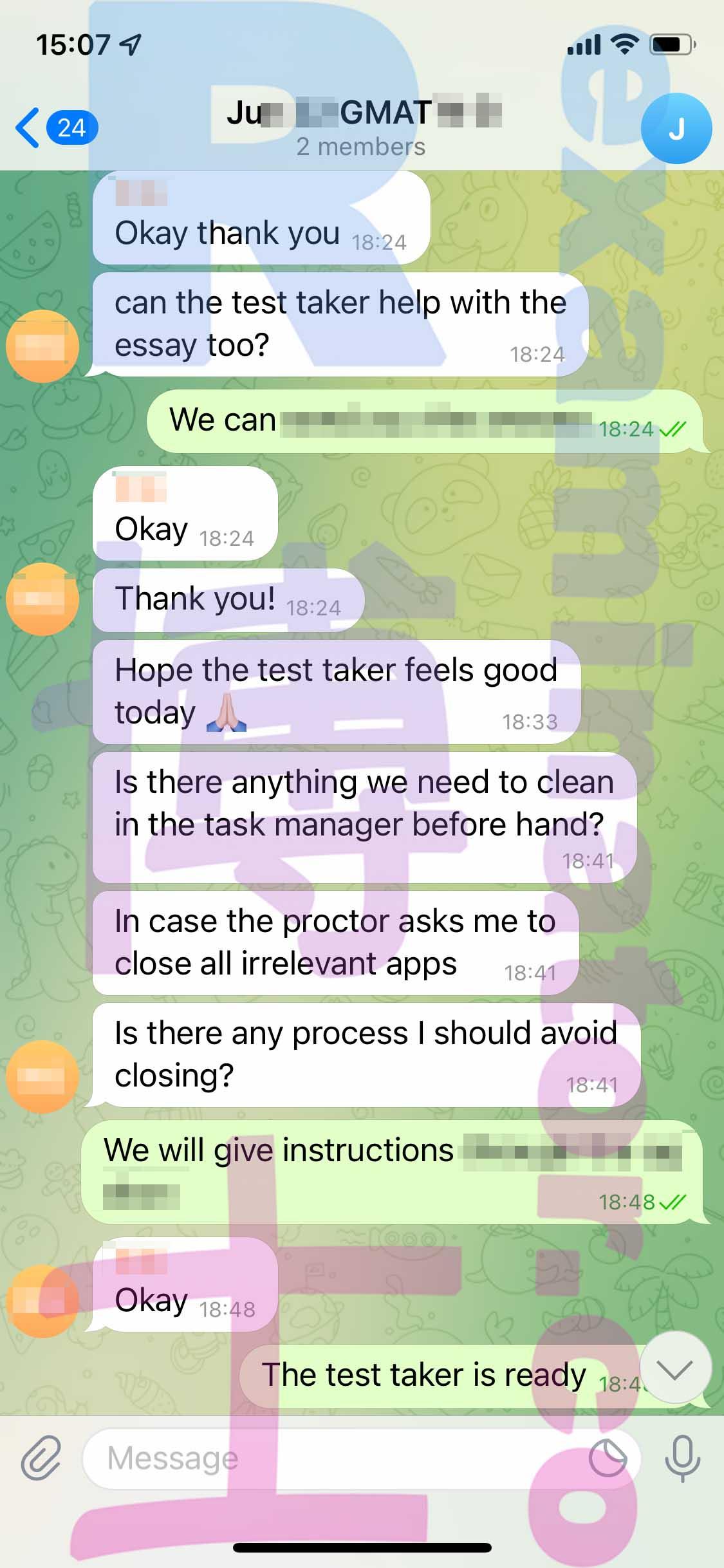 screenshot of chat logs for GMAT Proxy Testing success story #347