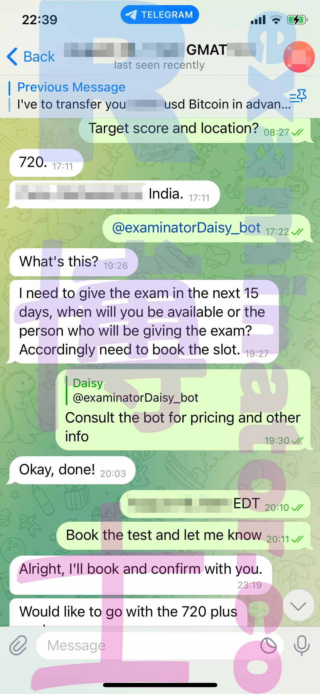 screenshot of chat logs for [GMAT Cheating] success story #238