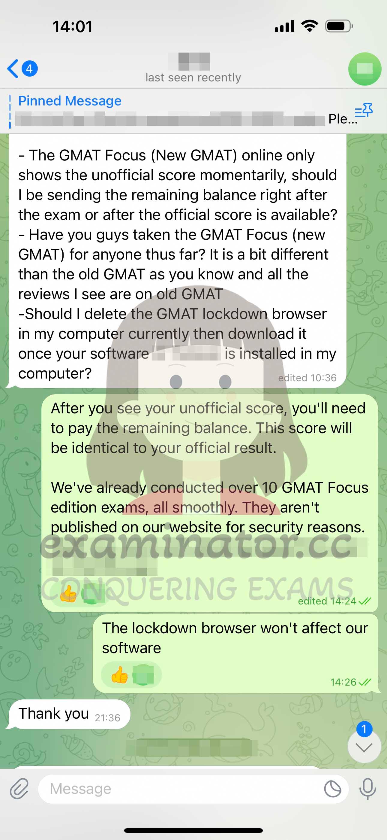 screenshot of chat logs for GMAT Cheating success story #615