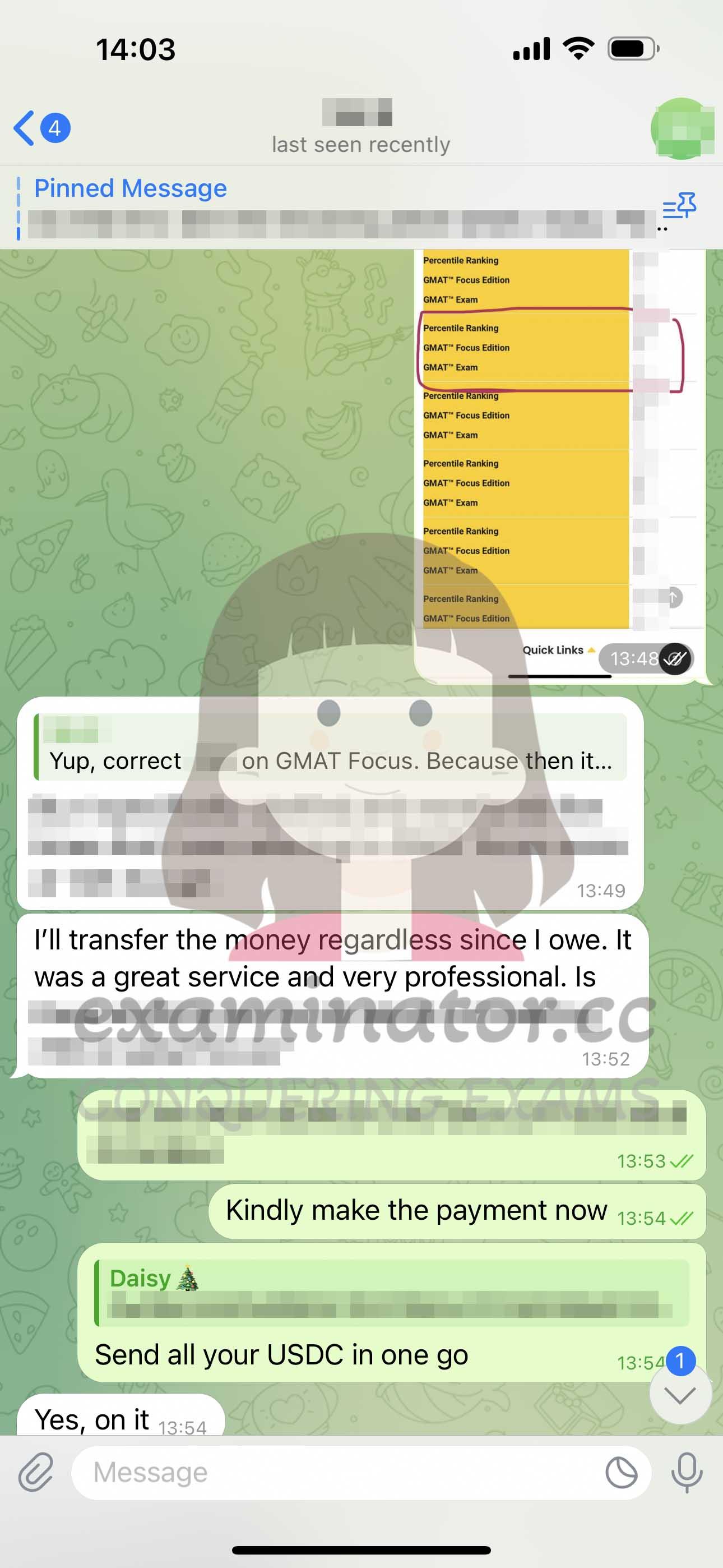 screenshot of chat logs for GMAT Cheating success story #615