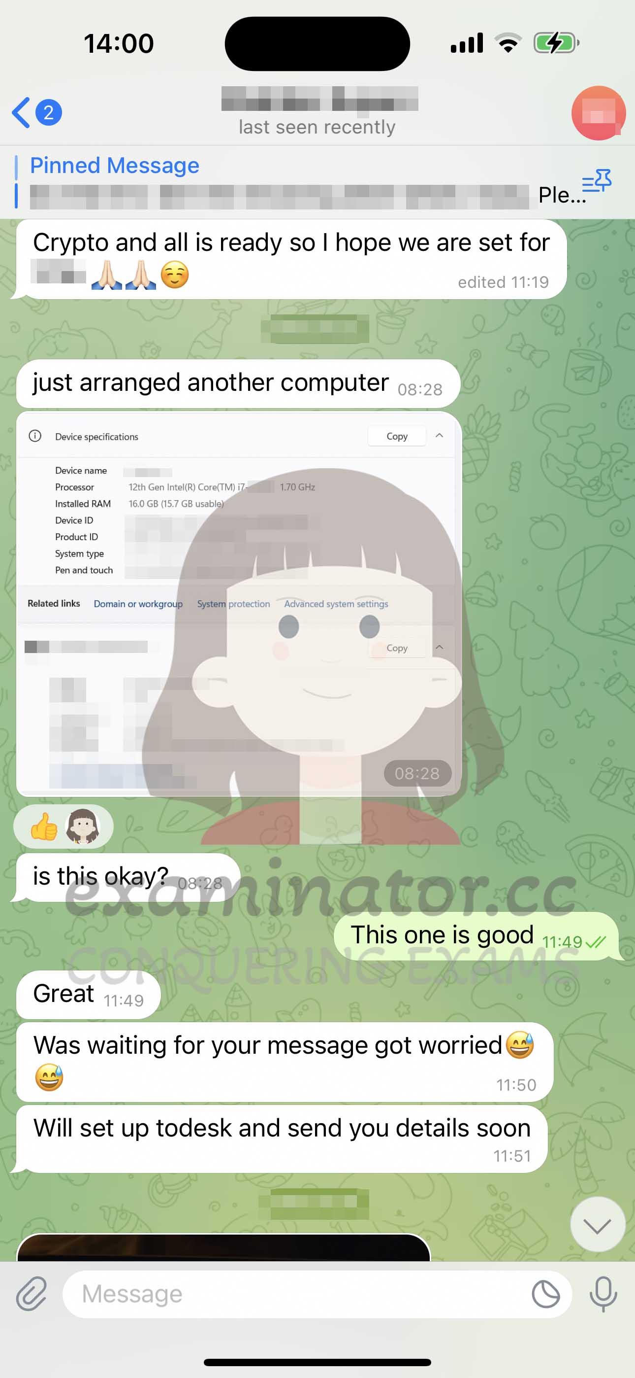 screenshot of chat logs for GMAT Cheating success story #608