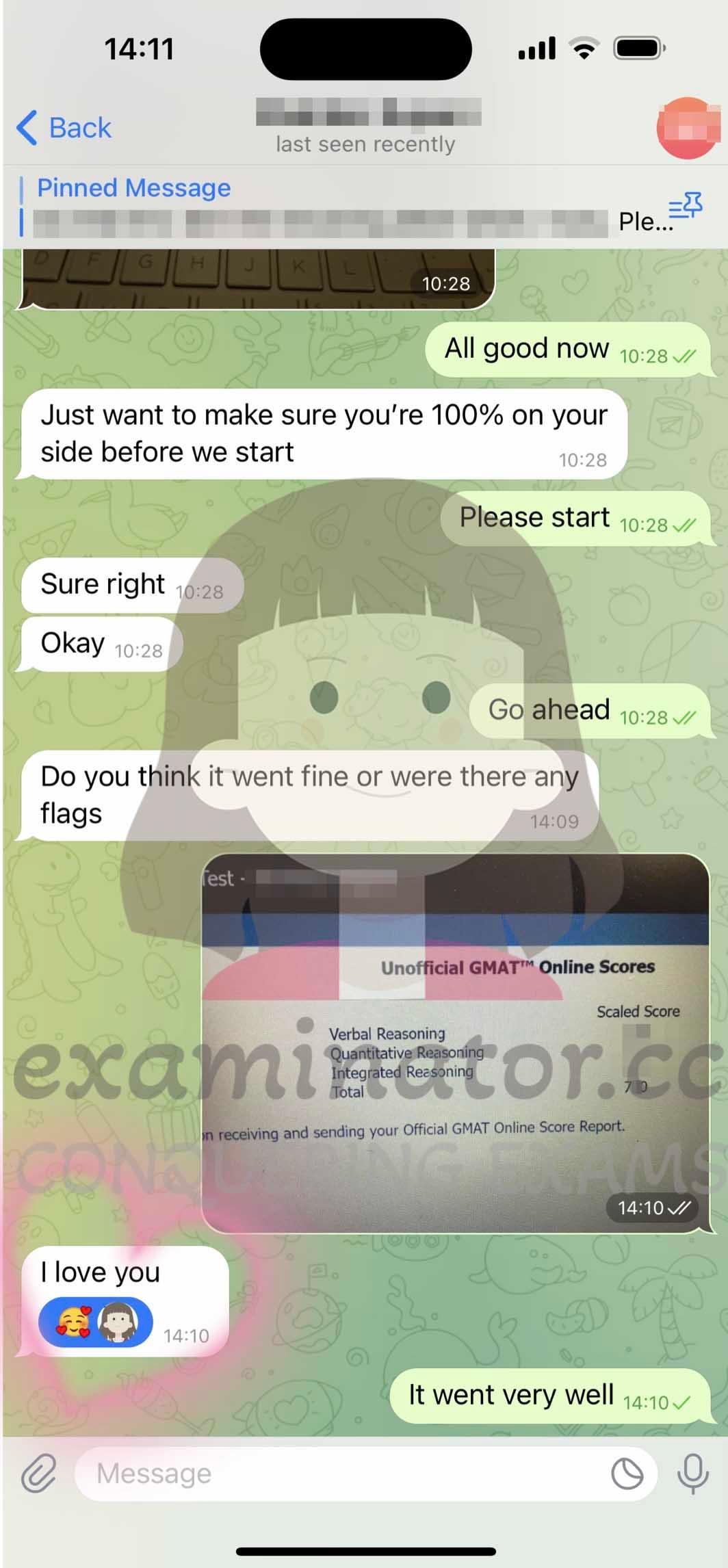 screenshot of chat logs for GMAT Cheating success story #608