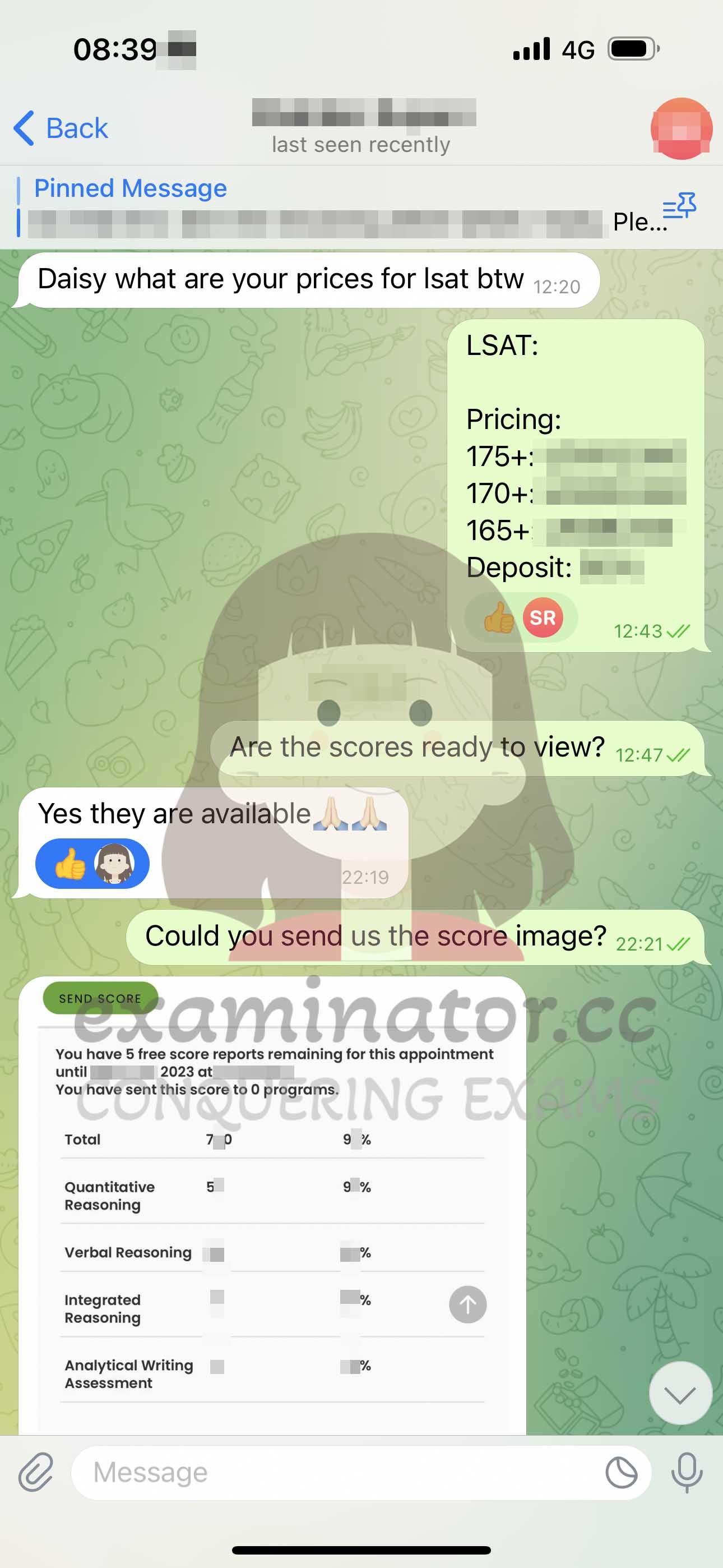 screenshot of chat logs for GMAT Cheating success story #610