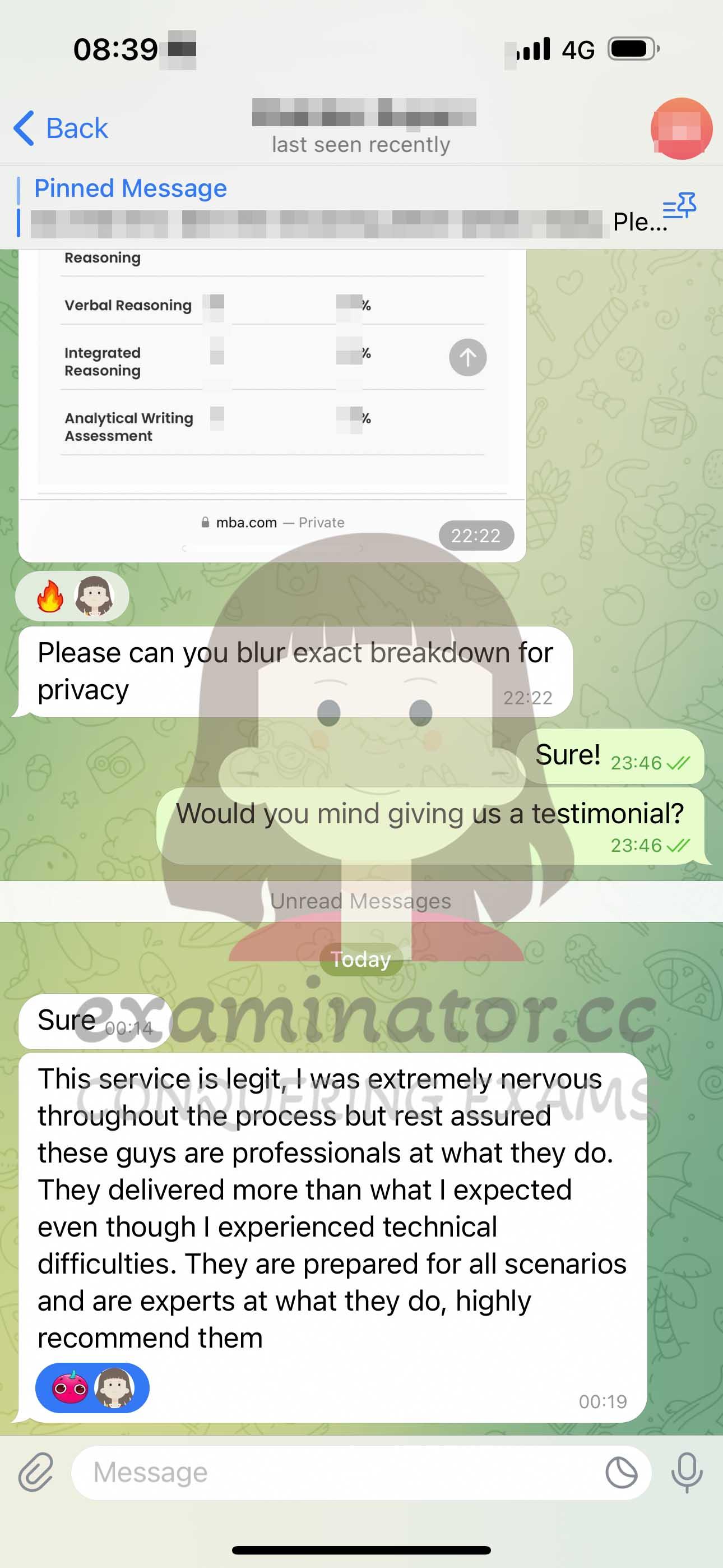 screenshot of chat logs for GMAT Cheating success story #610
