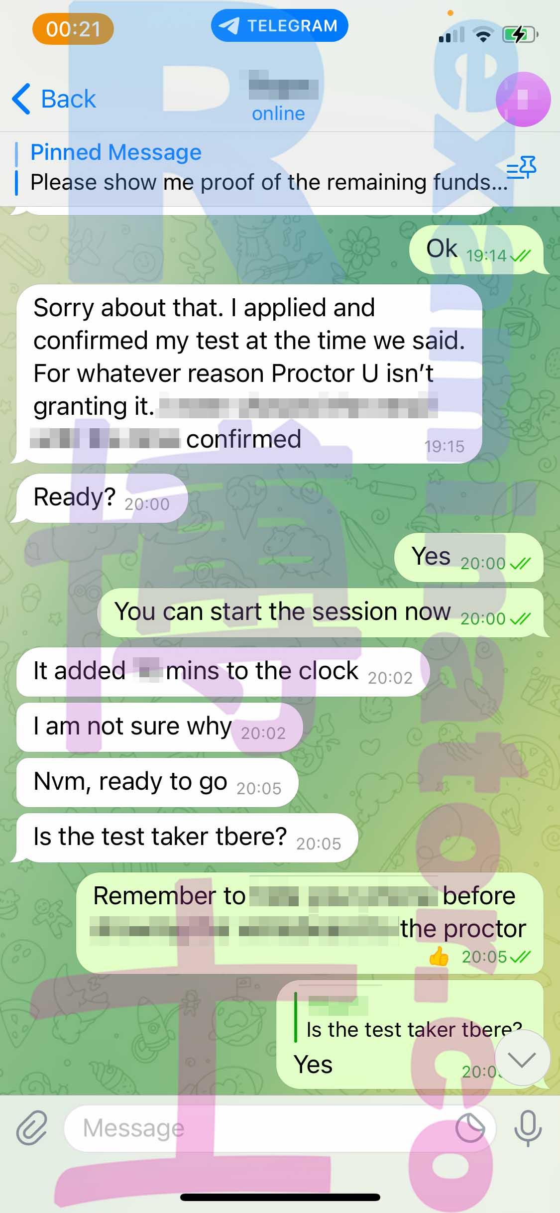 screenshot of chat logs for GRE Cheating success story #357