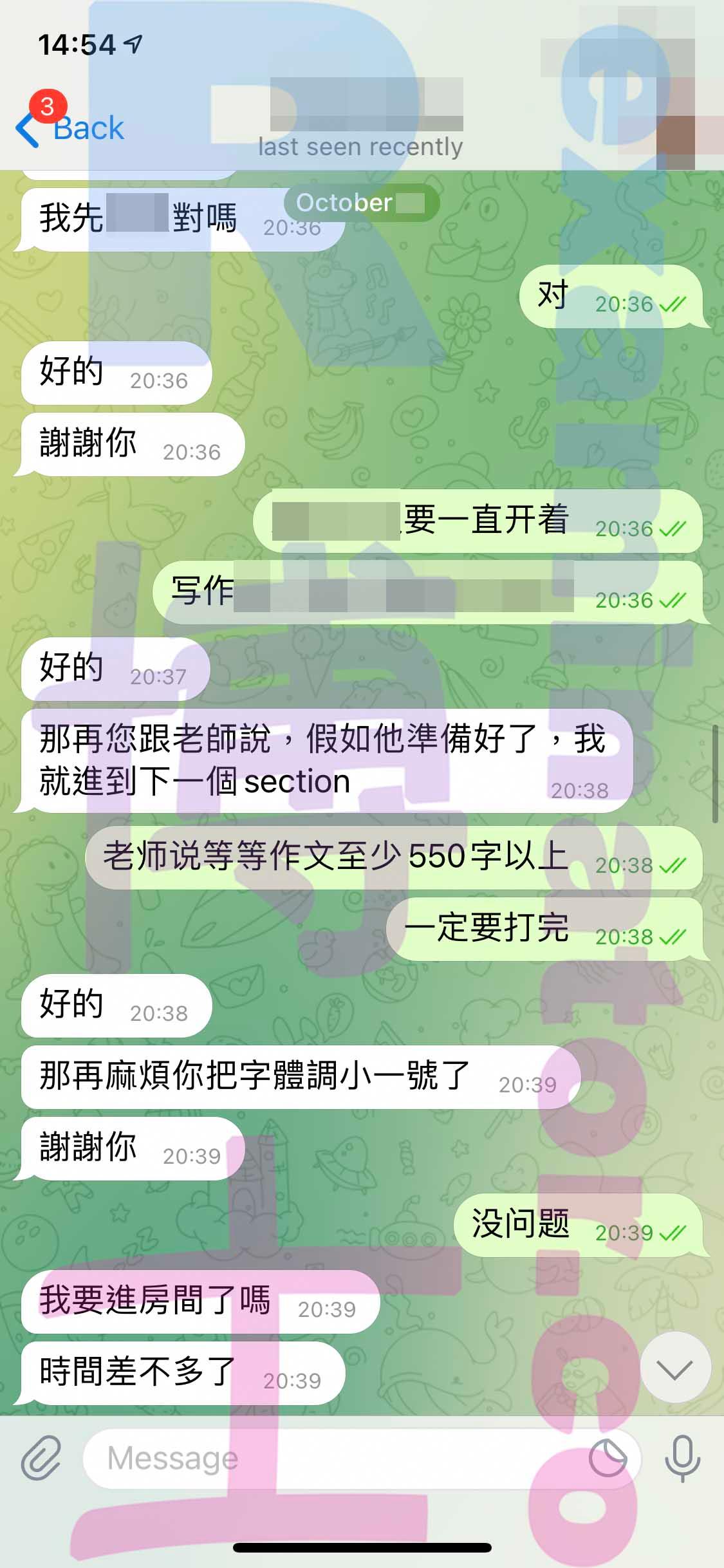screenshot of chat logs for TOEFL Cheating success story #233