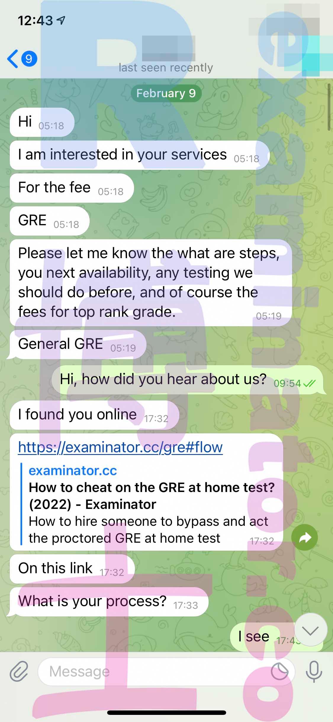 screenshot of chat logs for [GRE Cheating] success story #150