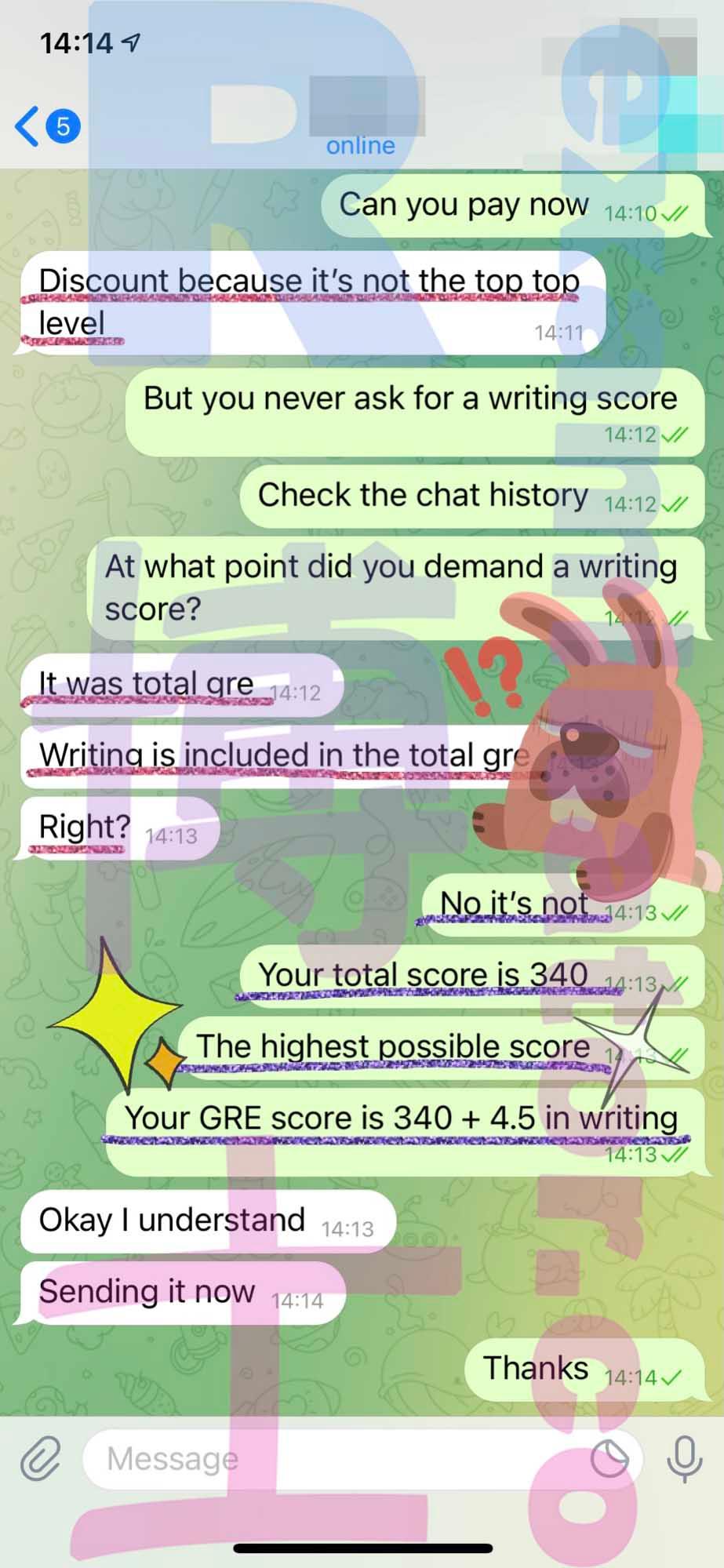 screenshot of chat logs for GRE Cheating success story #278