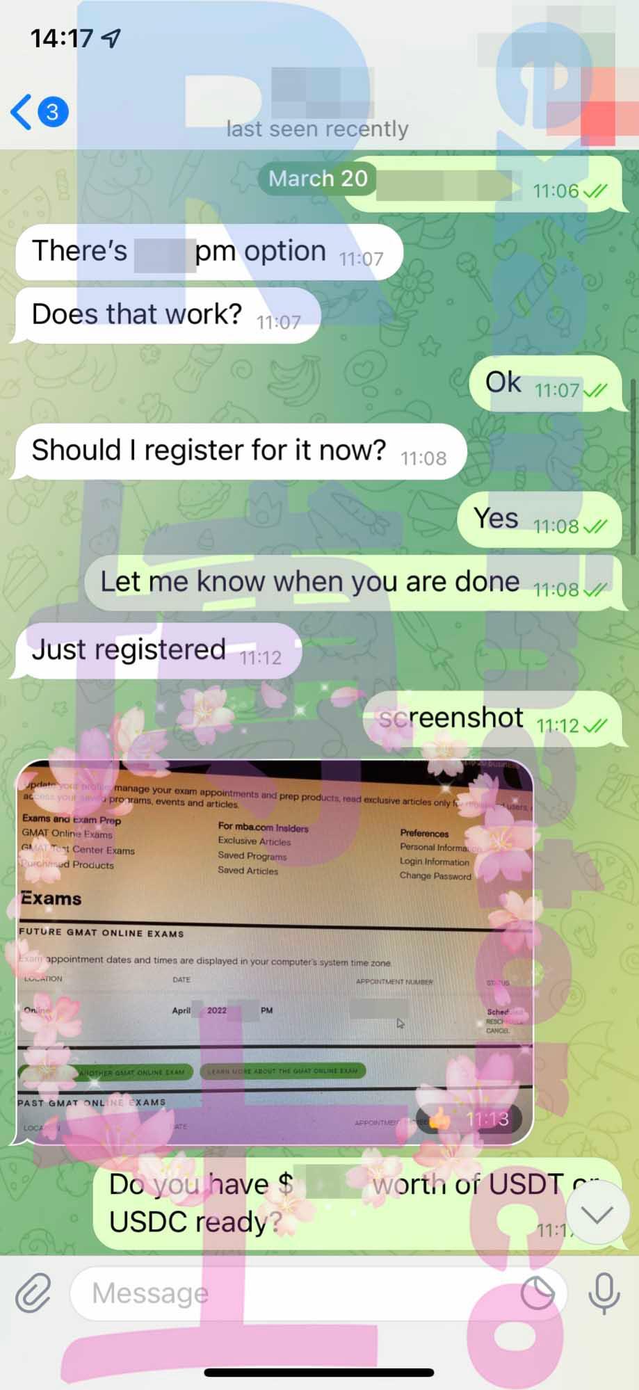 screenshot of chat logs for [GMAT Cheating] success story #156