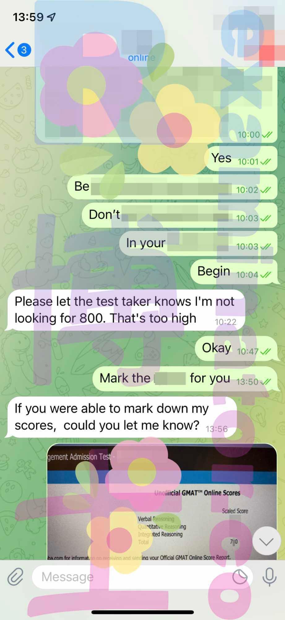 screenshot of chat logs for GMAT Cheating success story #295