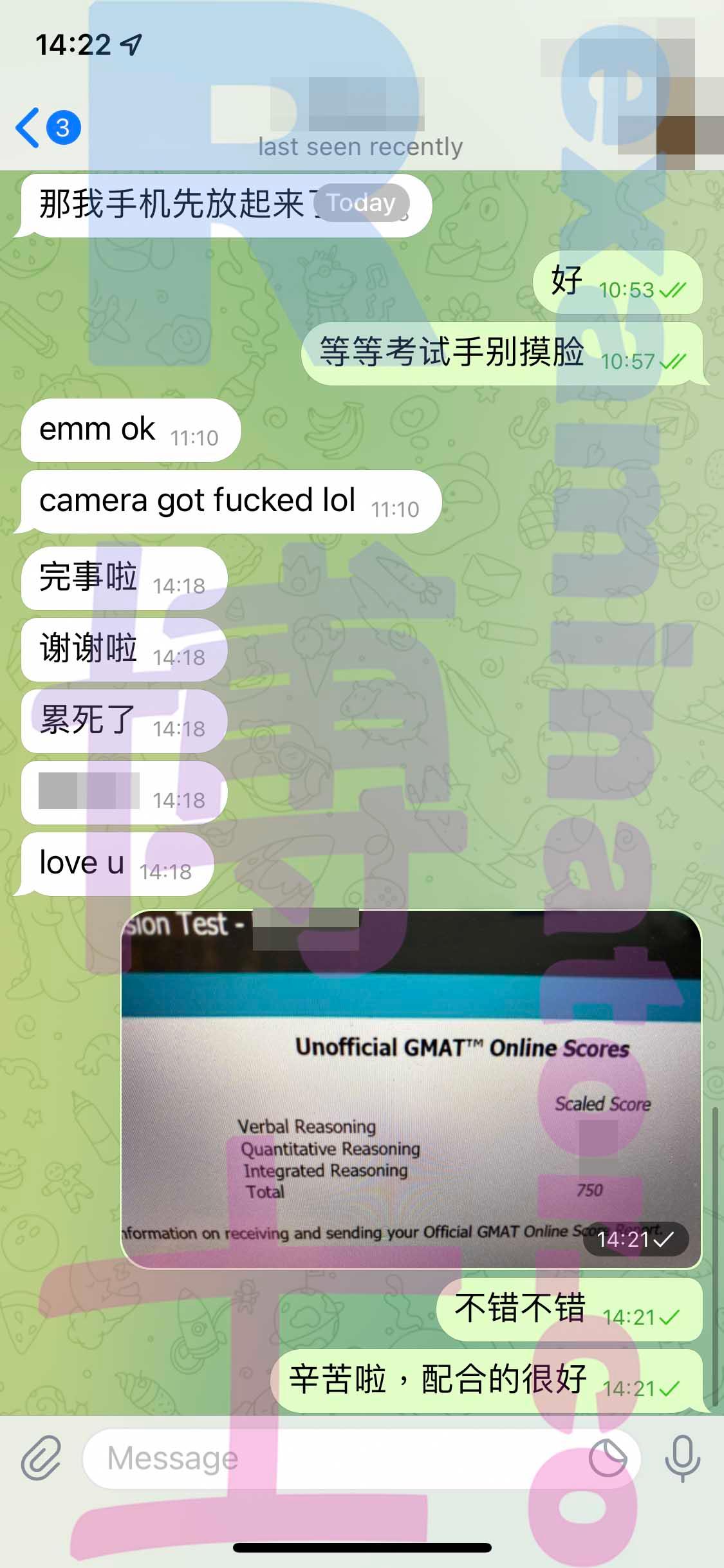 screenshot of chat logs for GMAT Cheating success story #302