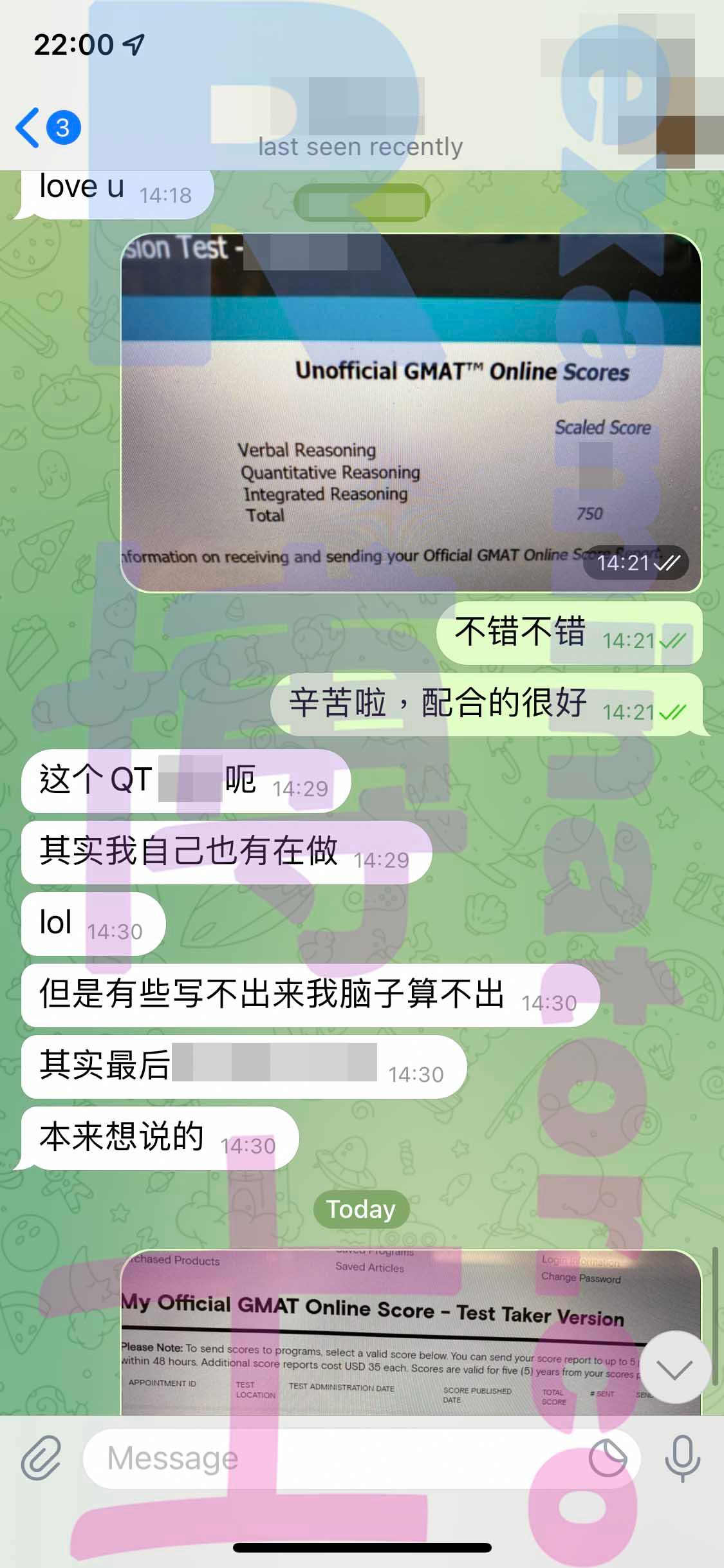 screenshot of chat logs for GMAT Cheating success story #303