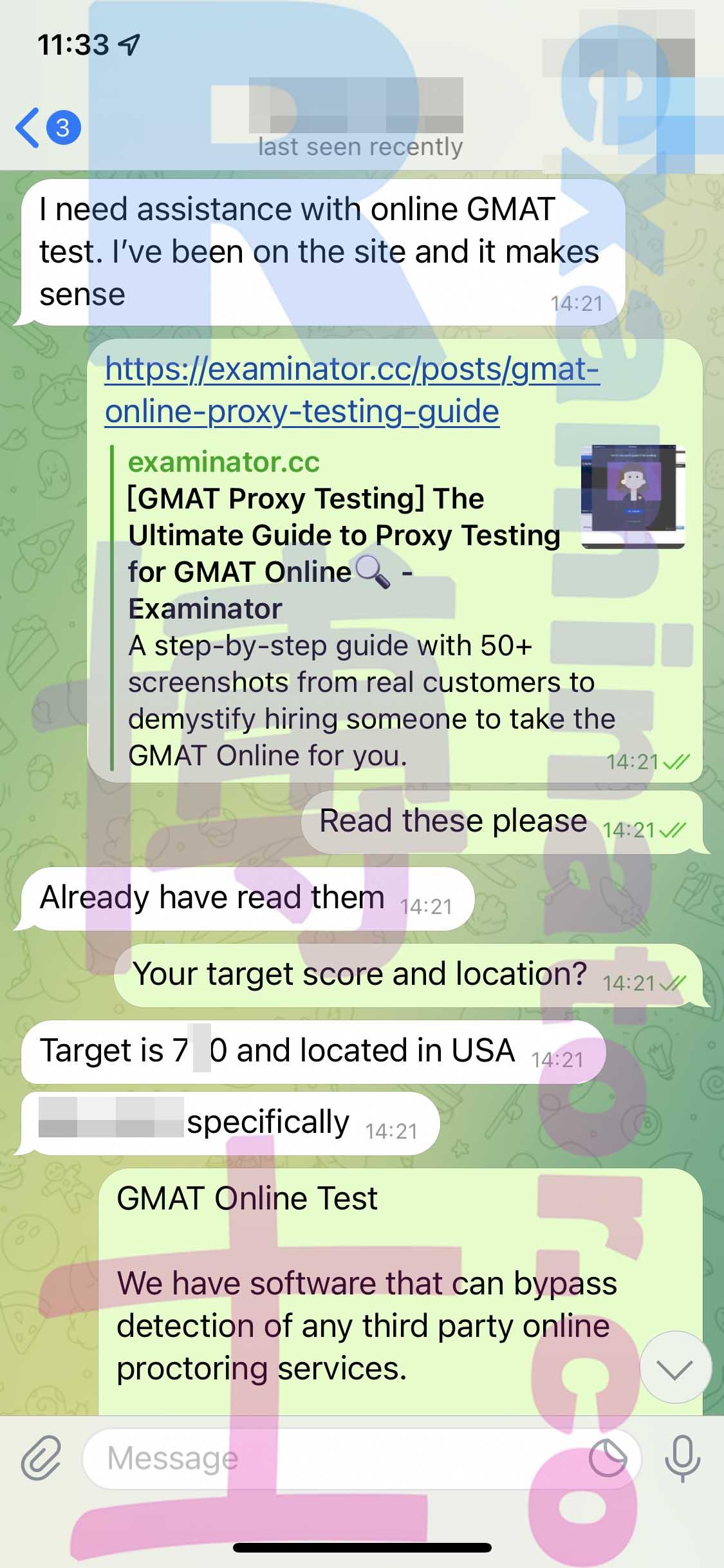screenshot of chat logs for [GMAT Cheating] success story #173