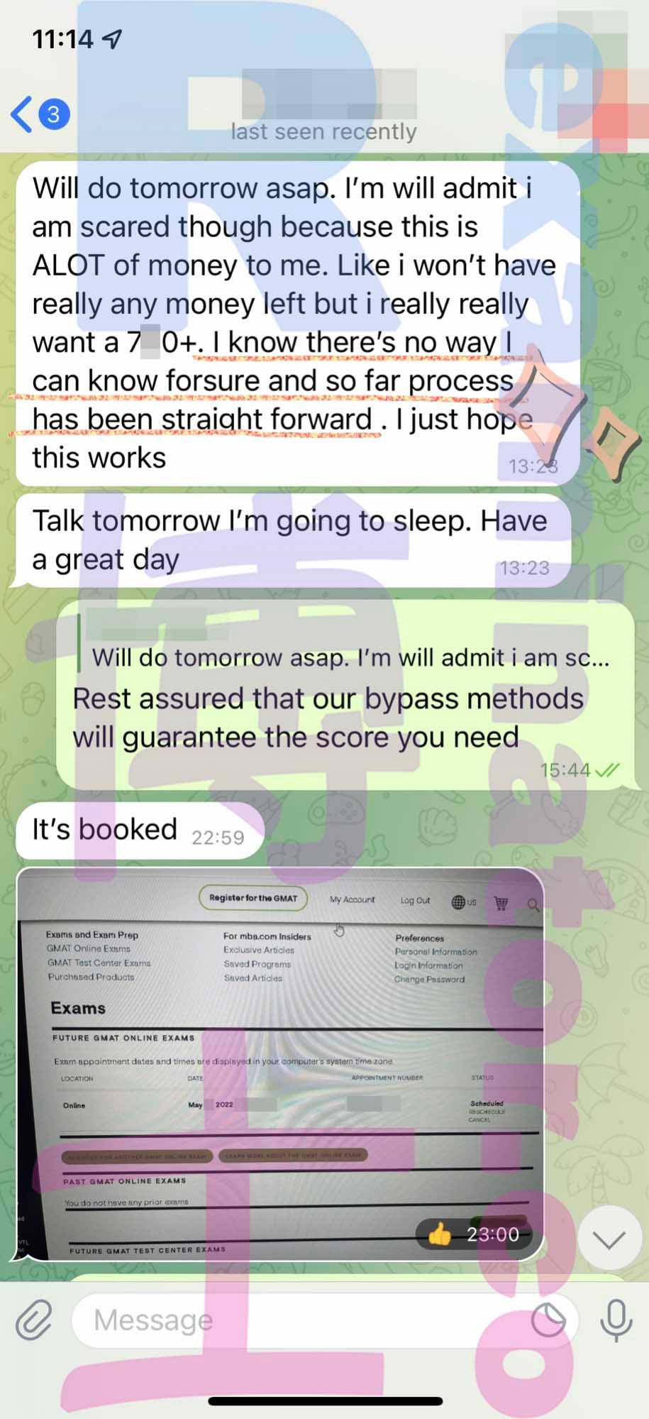 screenshot of chat logs for [GMAT Cheating] success story #179