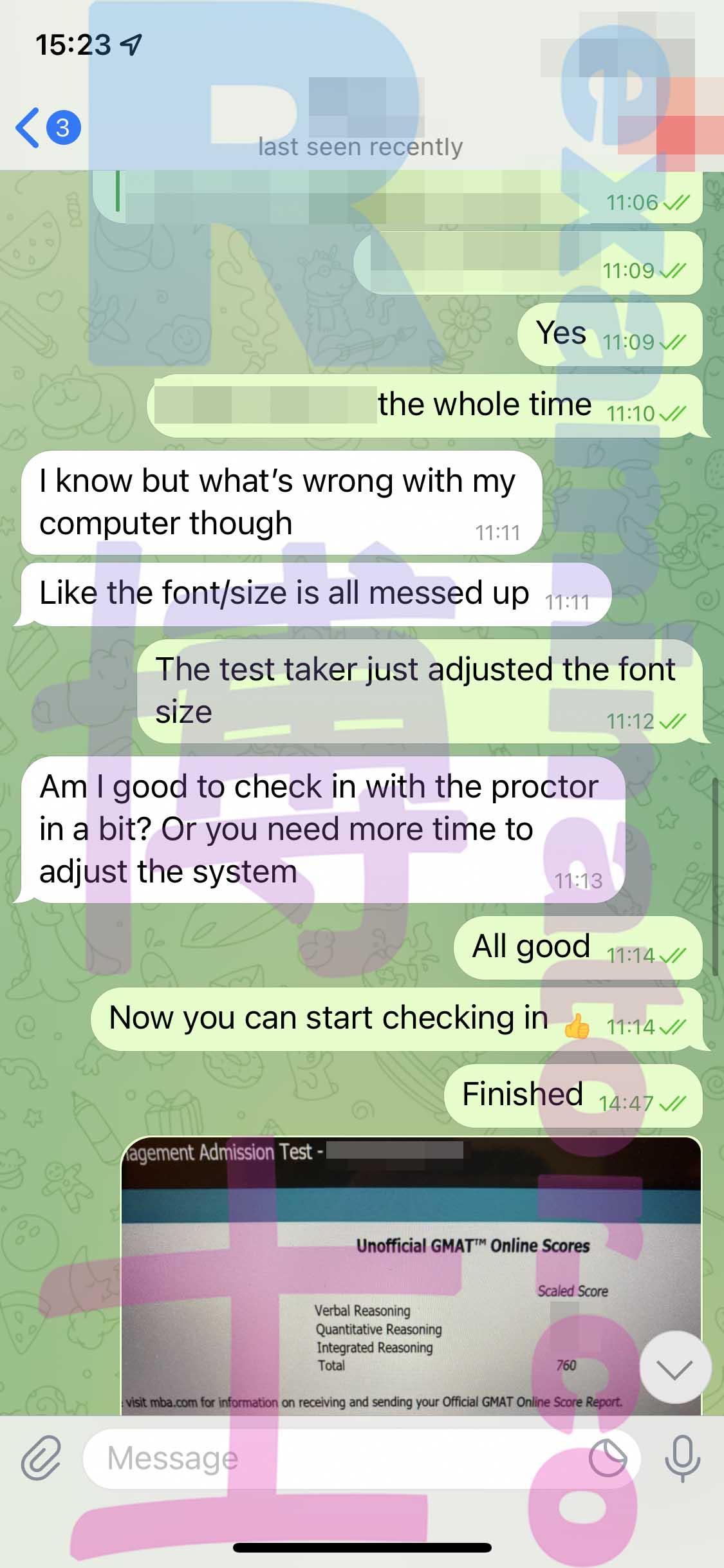 screenshot of chat logs for GMAT Cheating success story #313