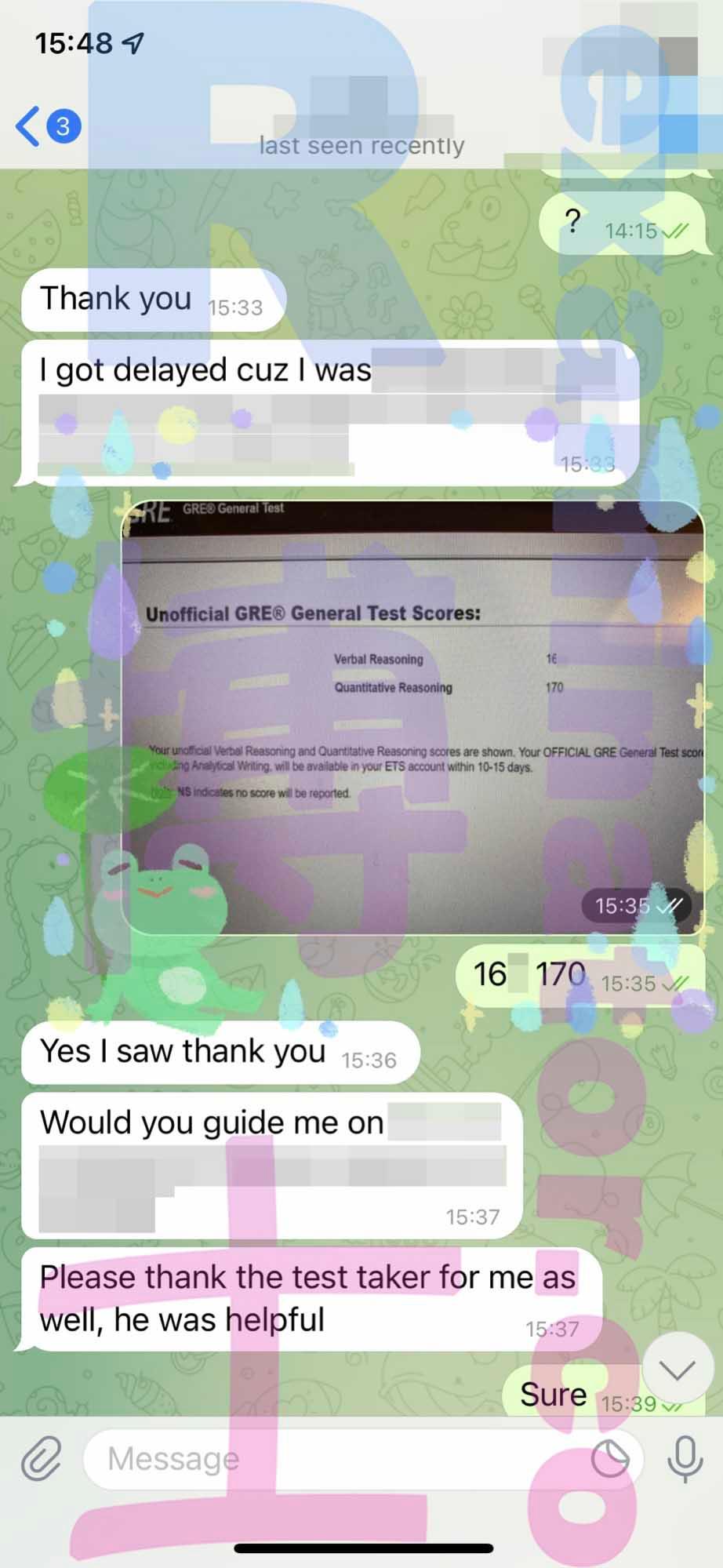screenshot of chat logs for GRE Cheating success story #318