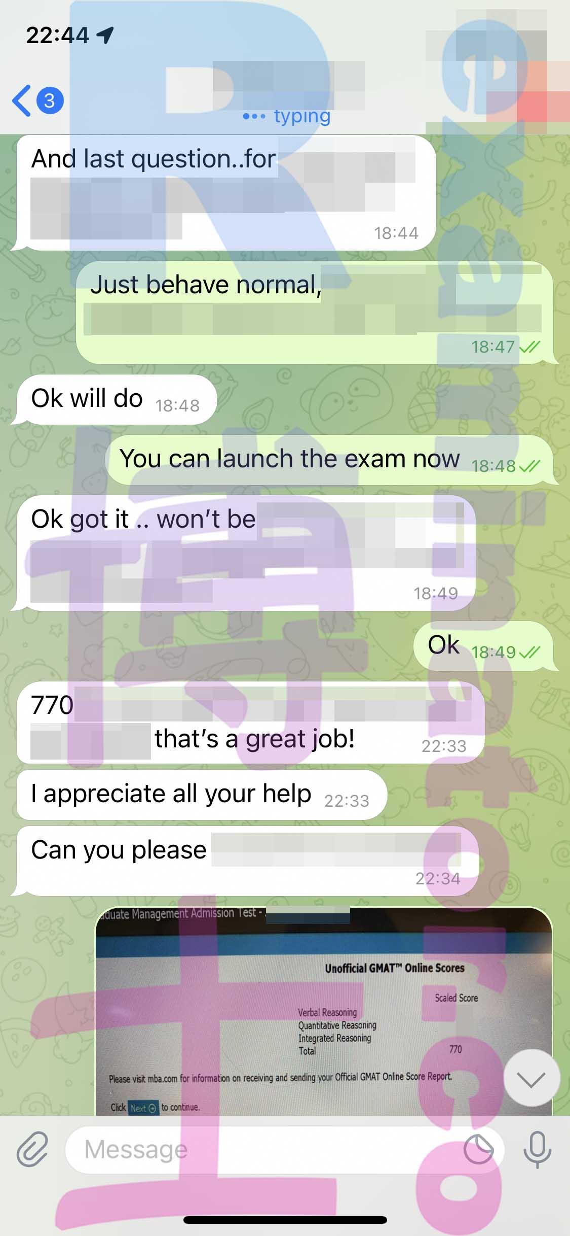 screenshot of chat logs for GMAT Cheating success story #319