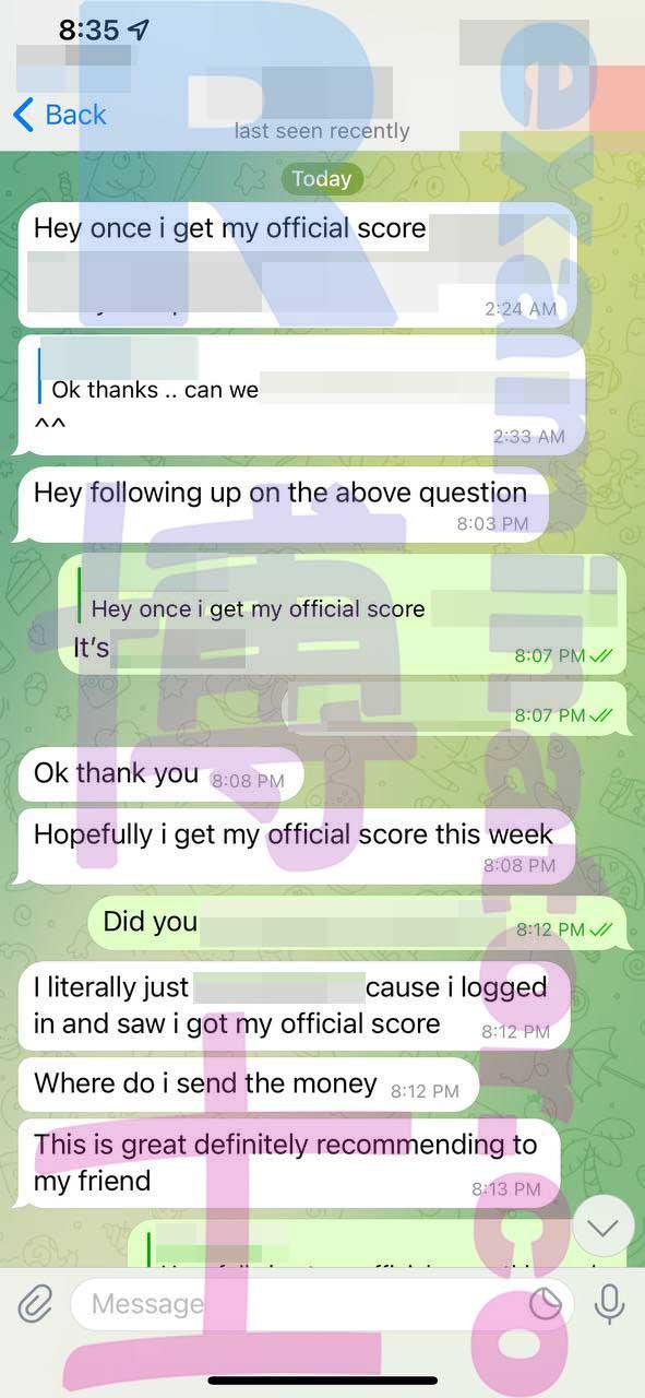 screenshot of chat logs for GMAT Cheating success story #325