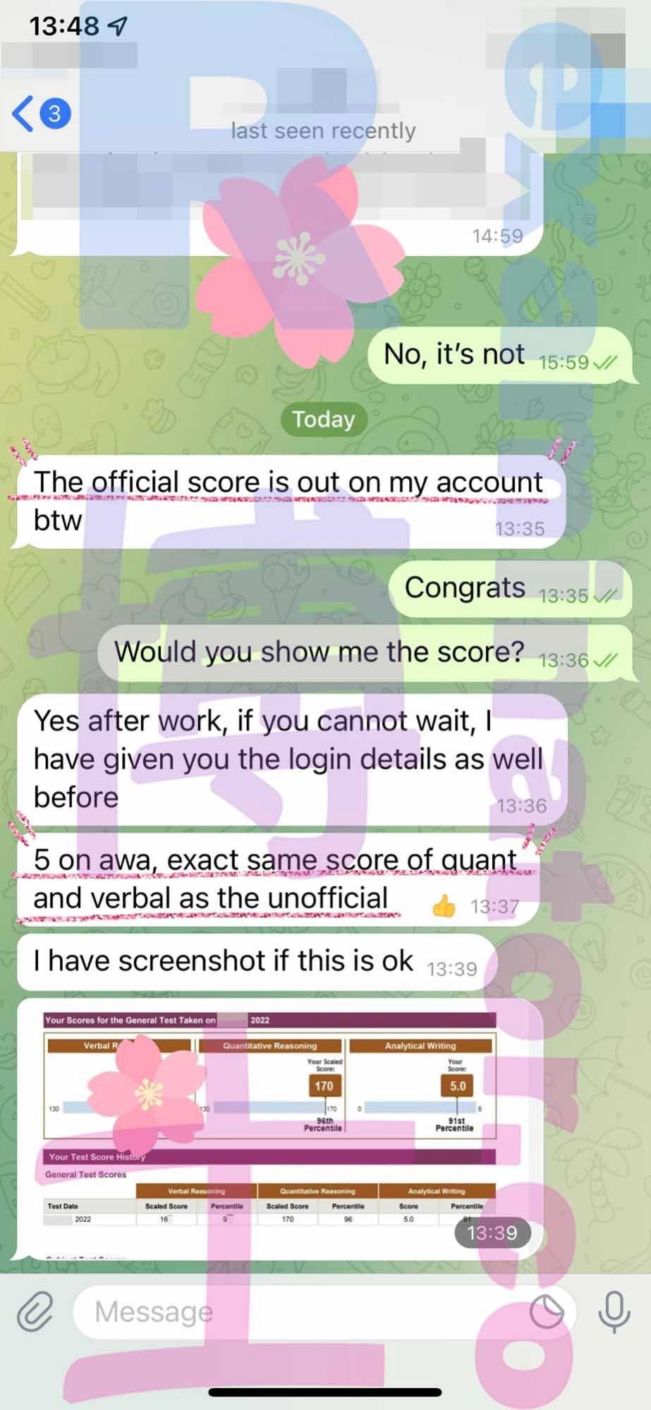 screenshot of chat logs for GRE Cheating success story #328