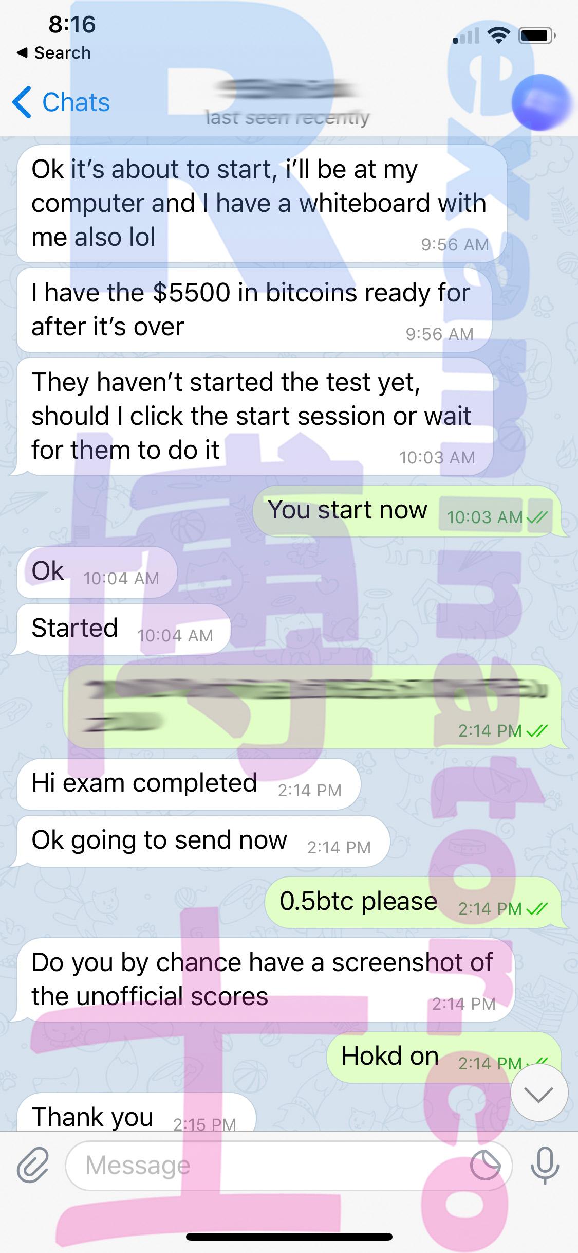 screenshot of chat logs for GRE Cheating success story #78
