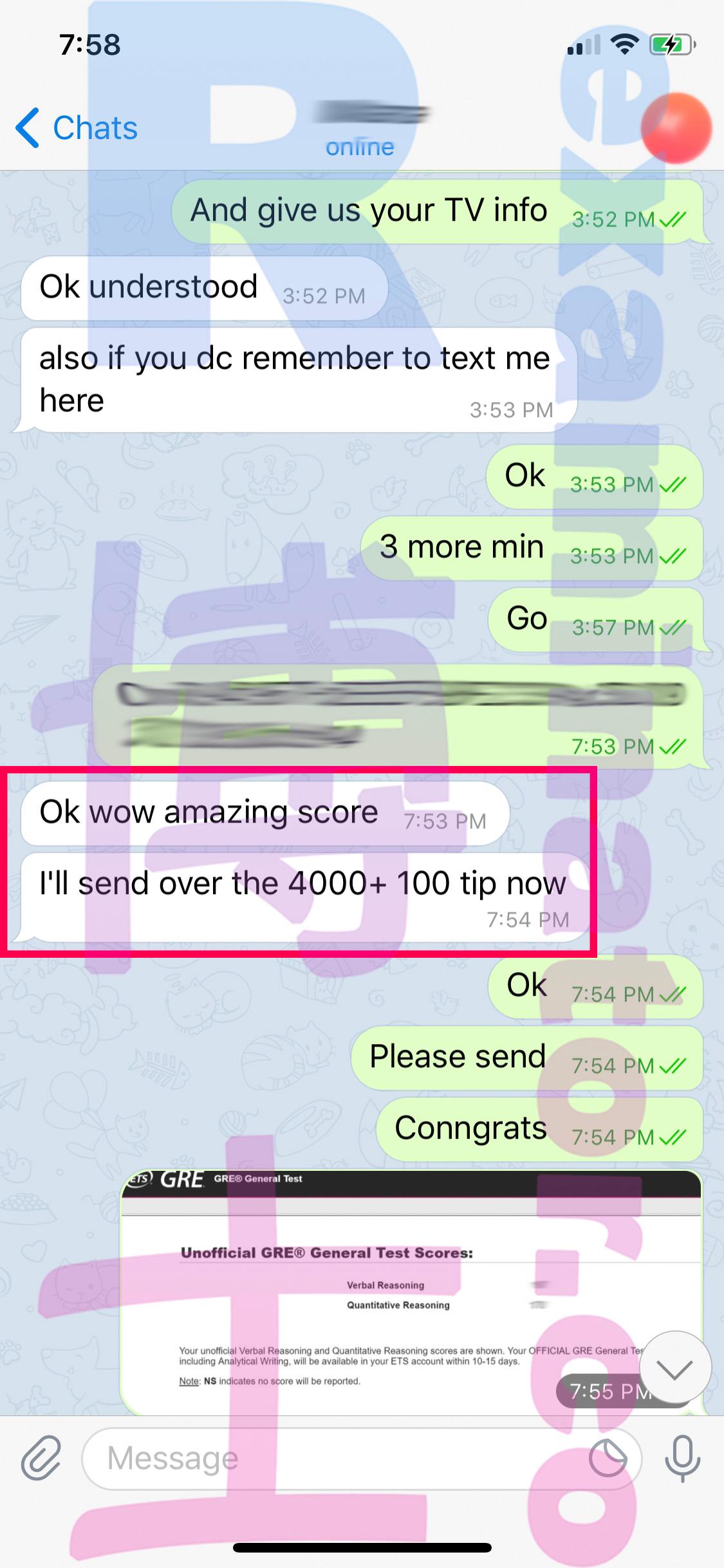 screenshot of chat logs for GRE Cheating success story #79