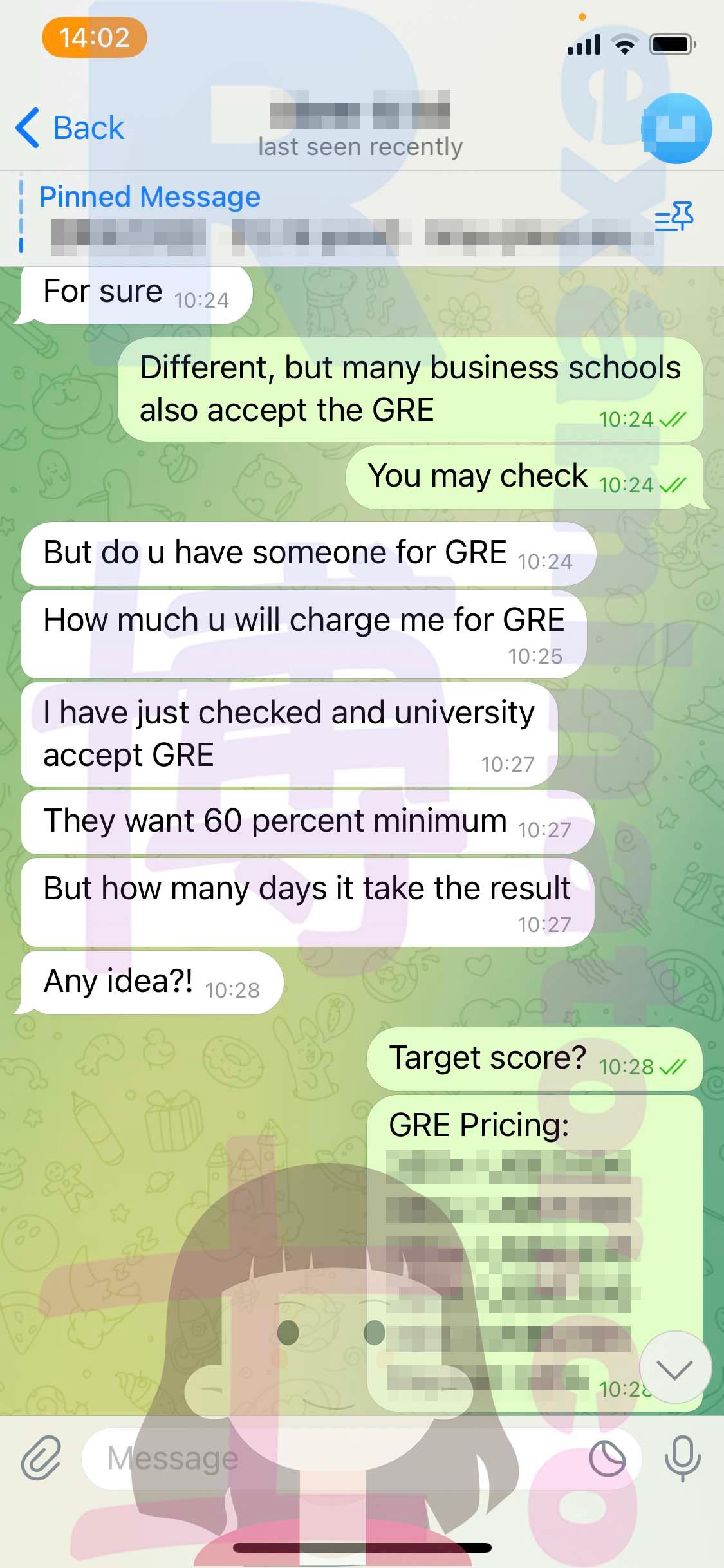 screenshot of chat logs for [GRE Cheating] success story #328
