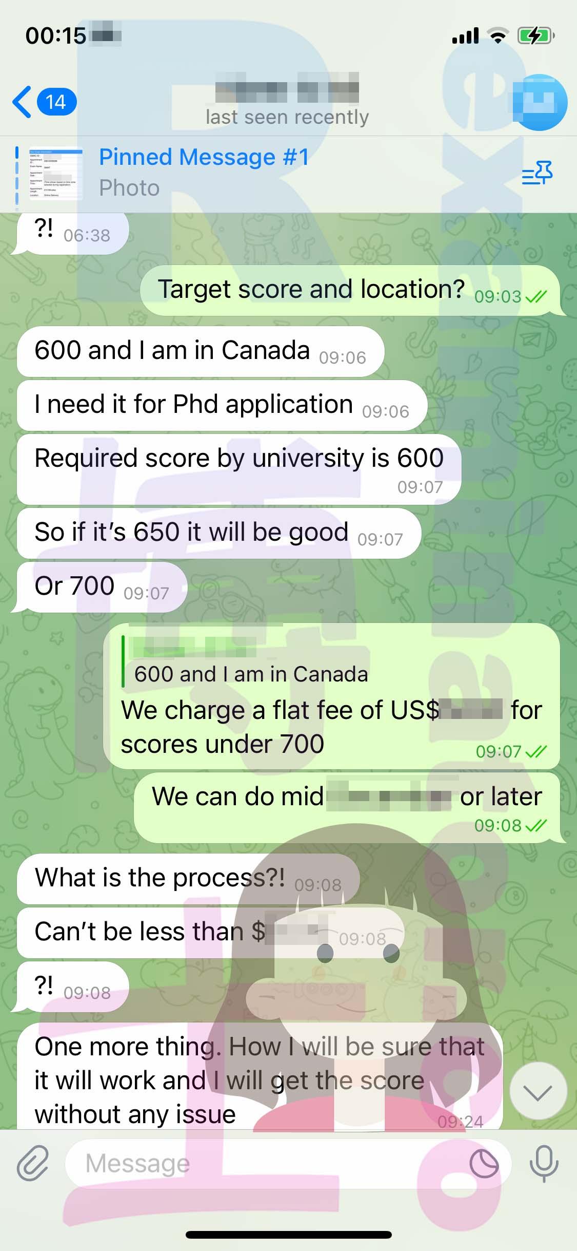 screenshot of chat logs for [GMAT Cheating] success story #305
