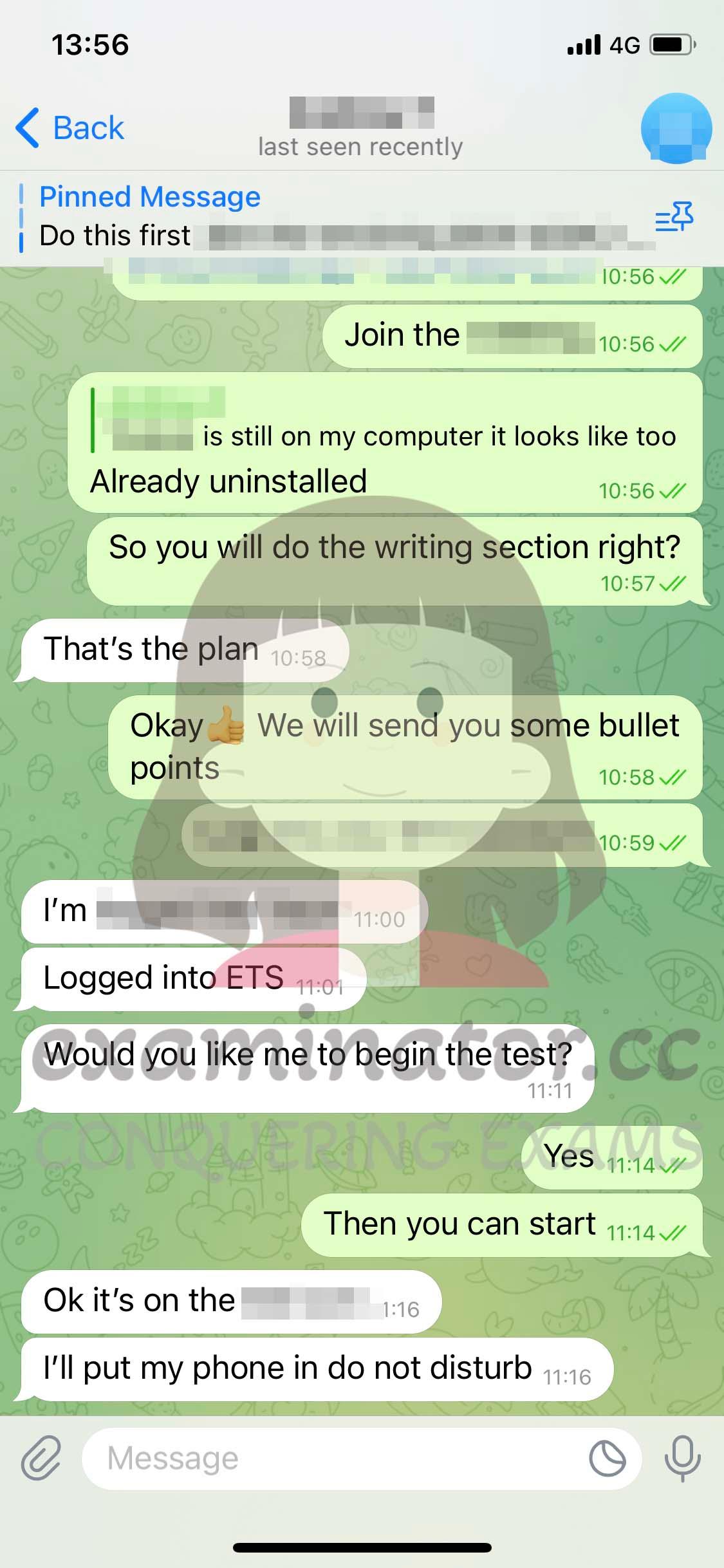 screenshot of chat logs for GRE Cheating success story #576