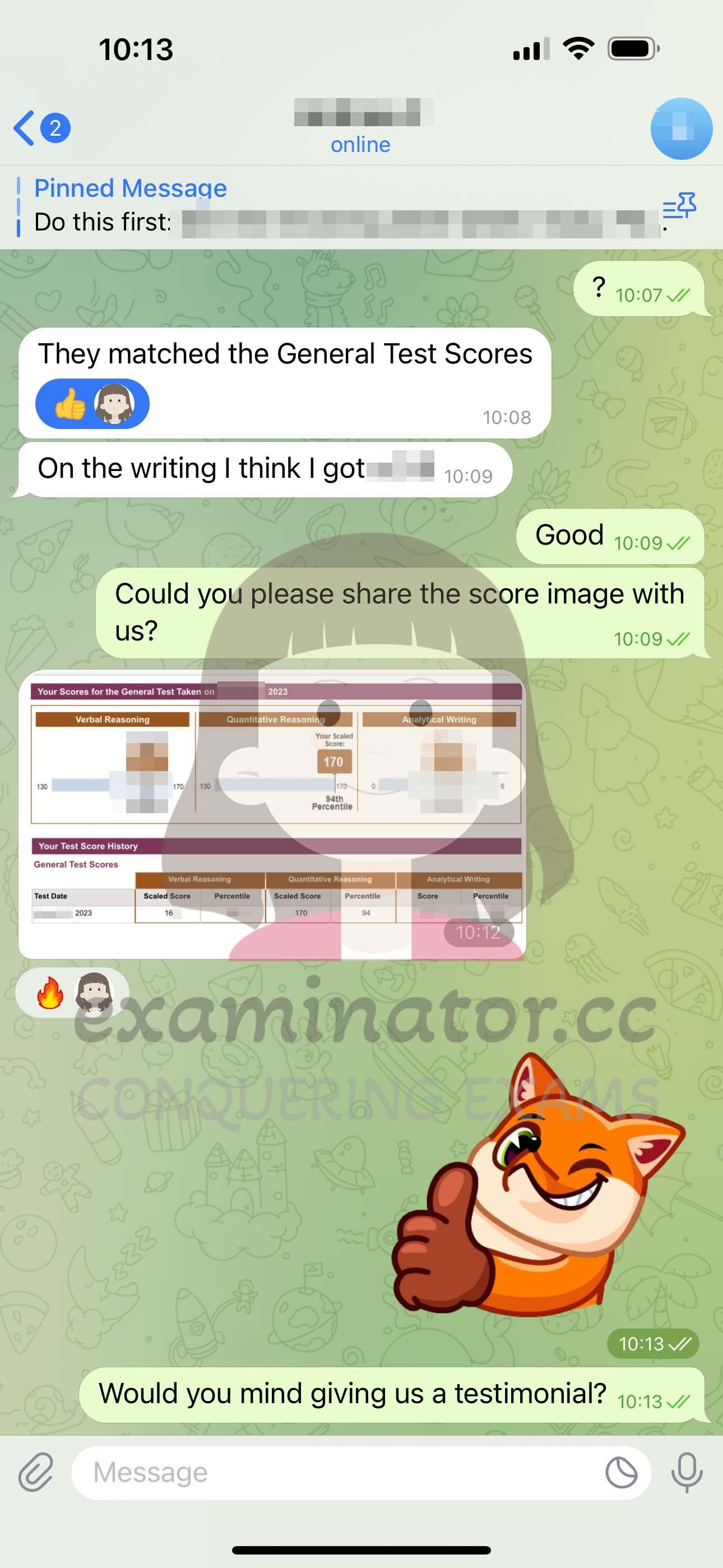 screenshot of chat logs for GRE Cheating success story #579