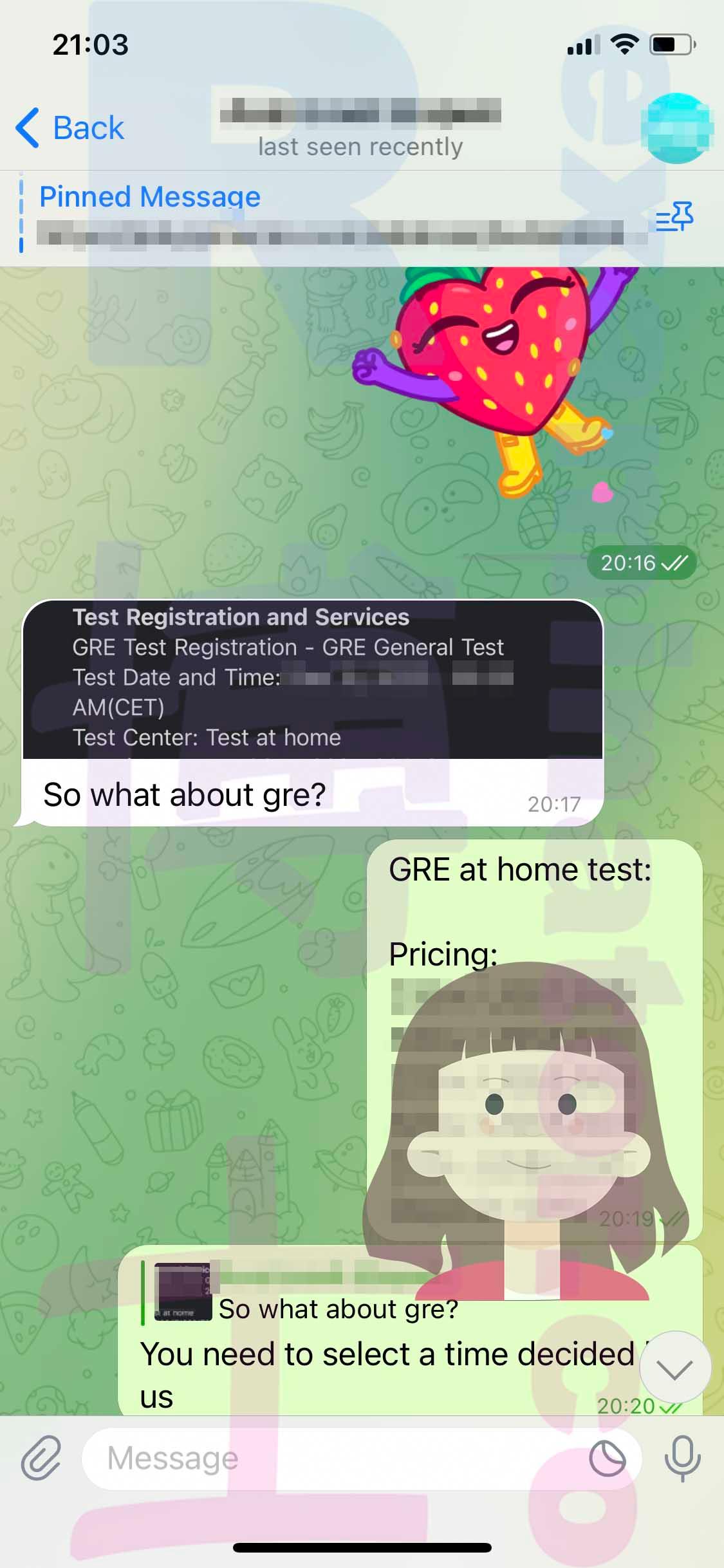 screenshot of chat logs for [GRE Cheating] success story #313