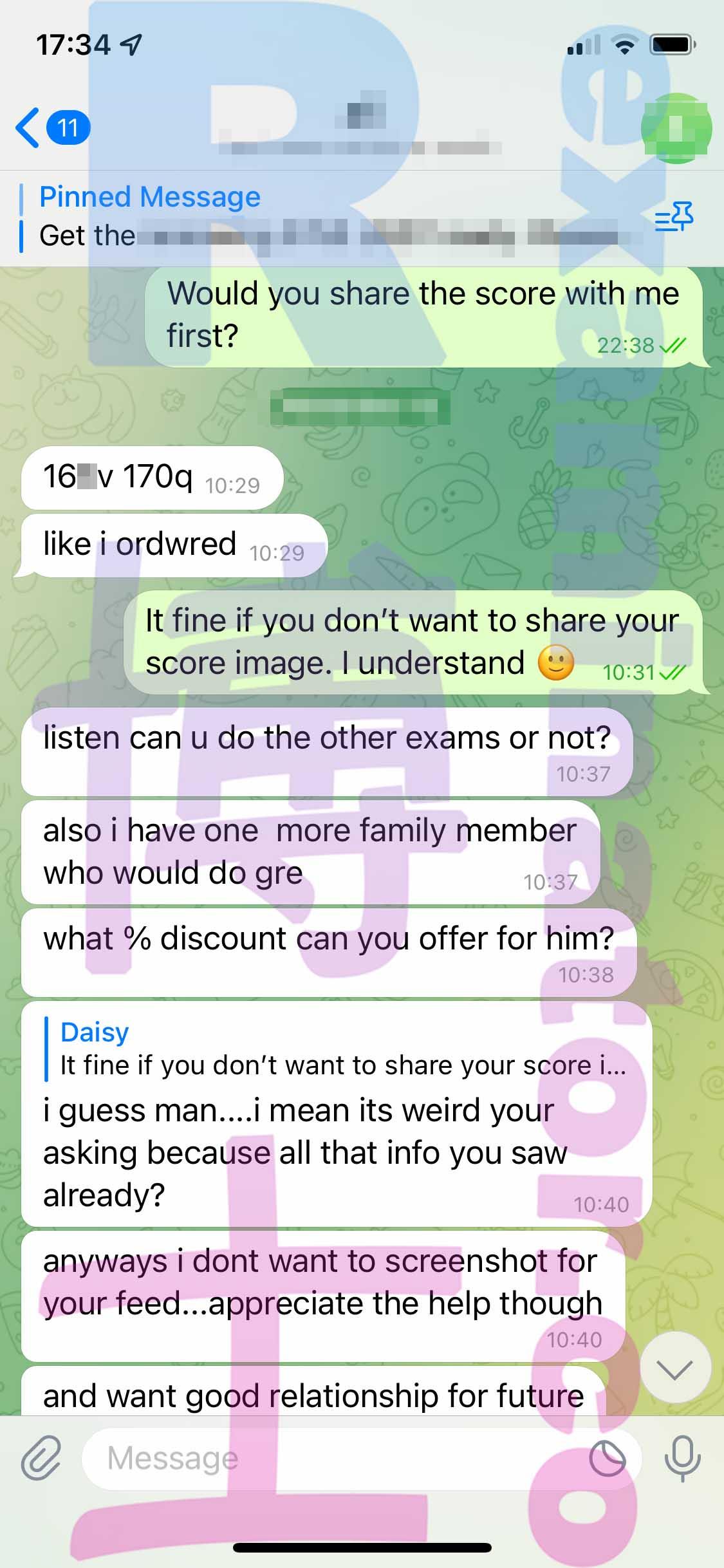 screenshot of chat logs for GRE Cheating success story #435