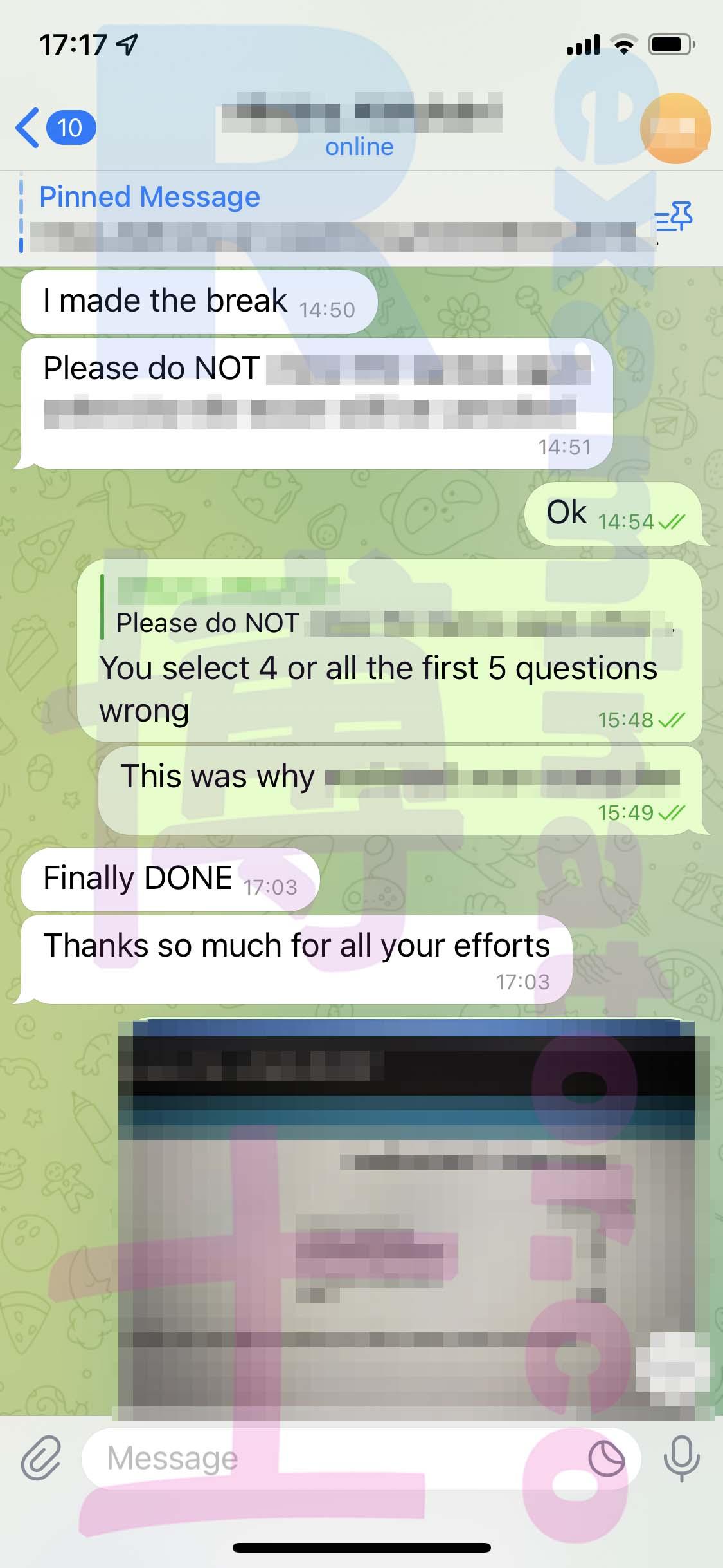 screenshot of chat logs for GMAT Cheating success story #465