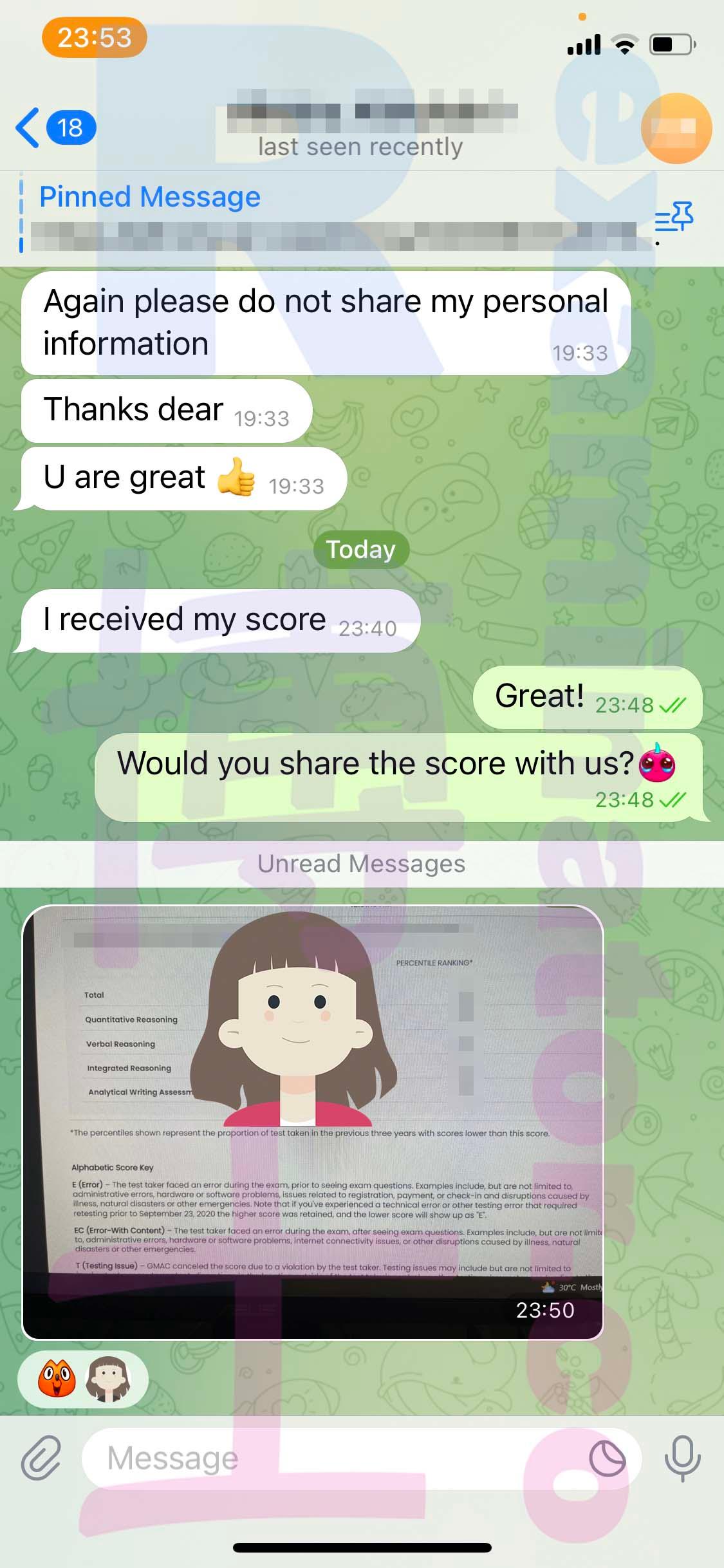 screenshot of chat logs for GMAT Cheating success story #471