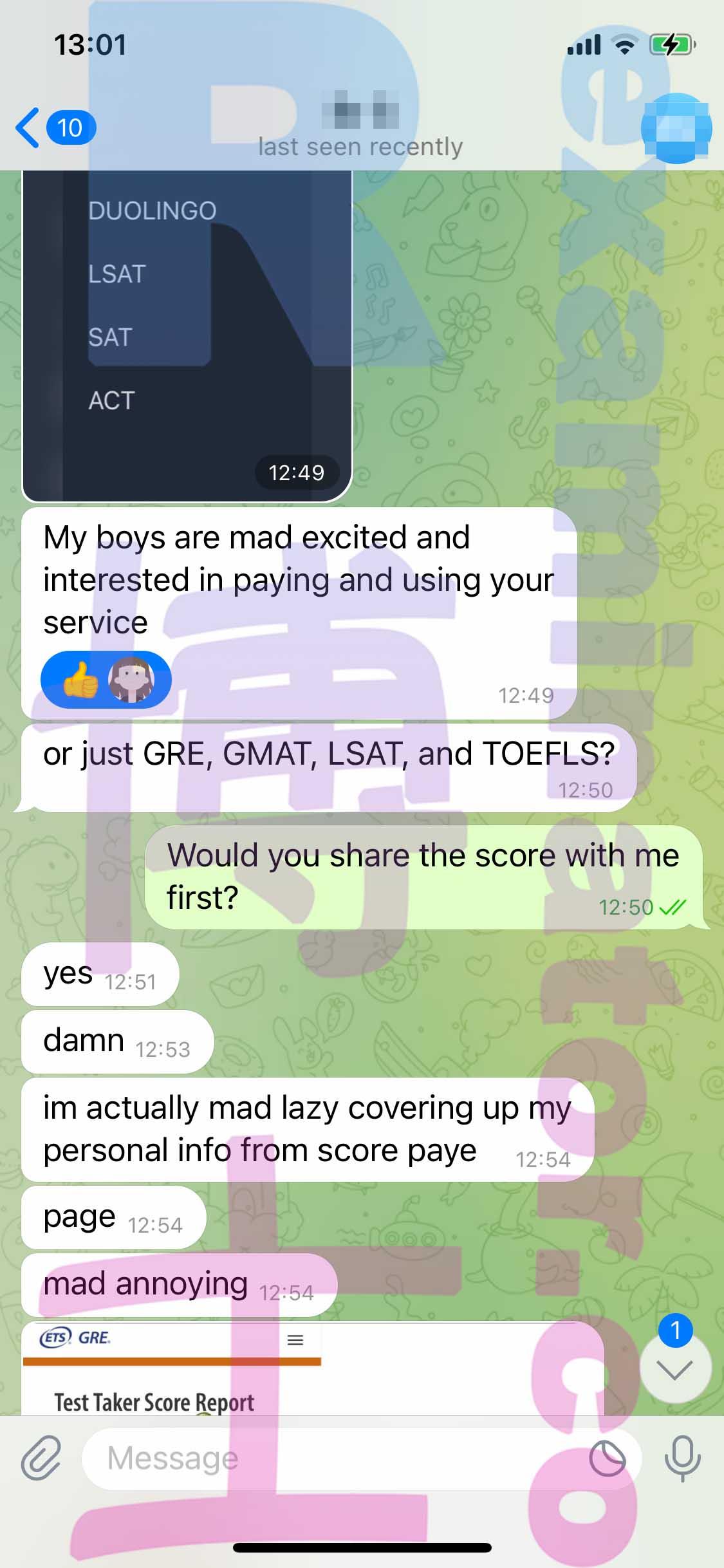 screenshot of chat logs for GRE Cheating success story #438
