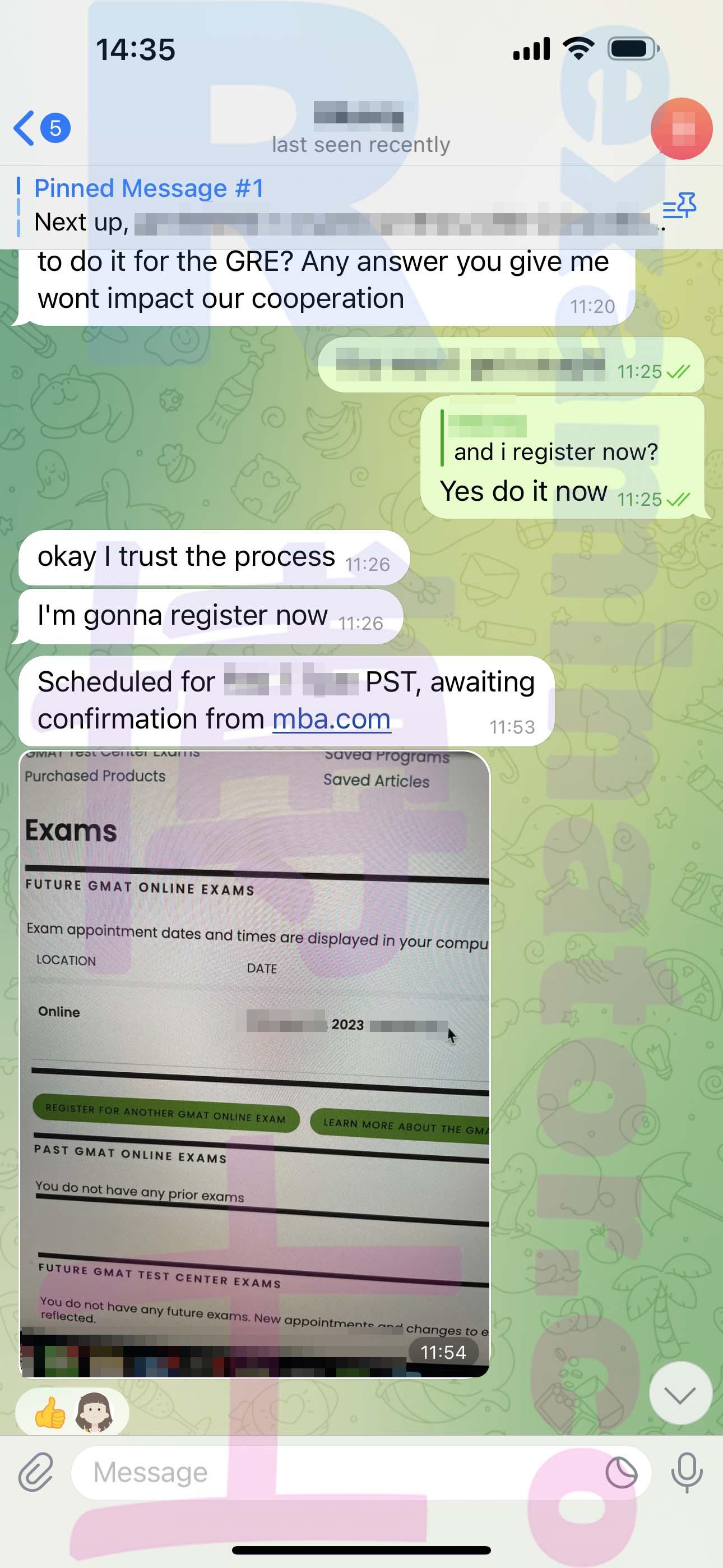 screenshot of chat logs for [GMAT Cheating] success story #340