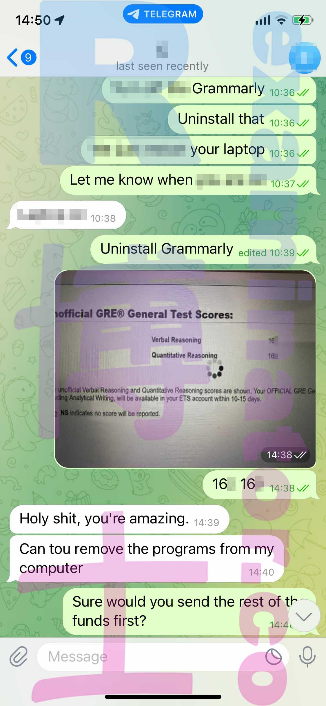 screenshot of chat logs for GRE Cheating success story #436